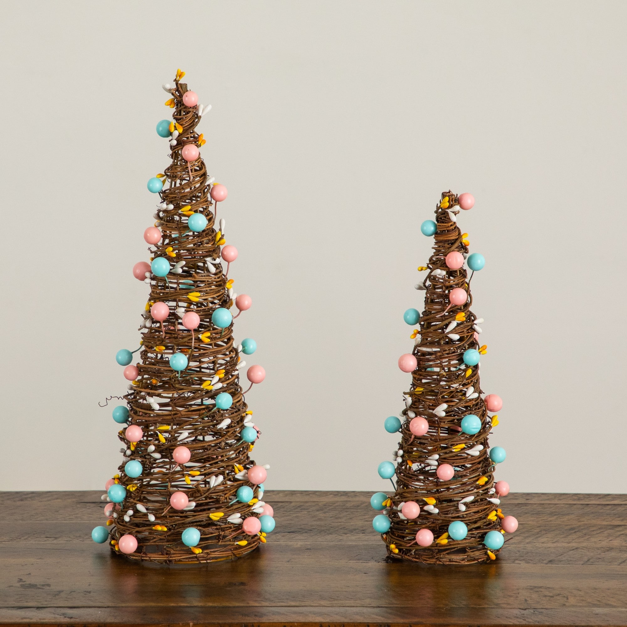 12" and 16" Artificial Easter Rattan Cone Trees with Pastel Eggs - Set of 2