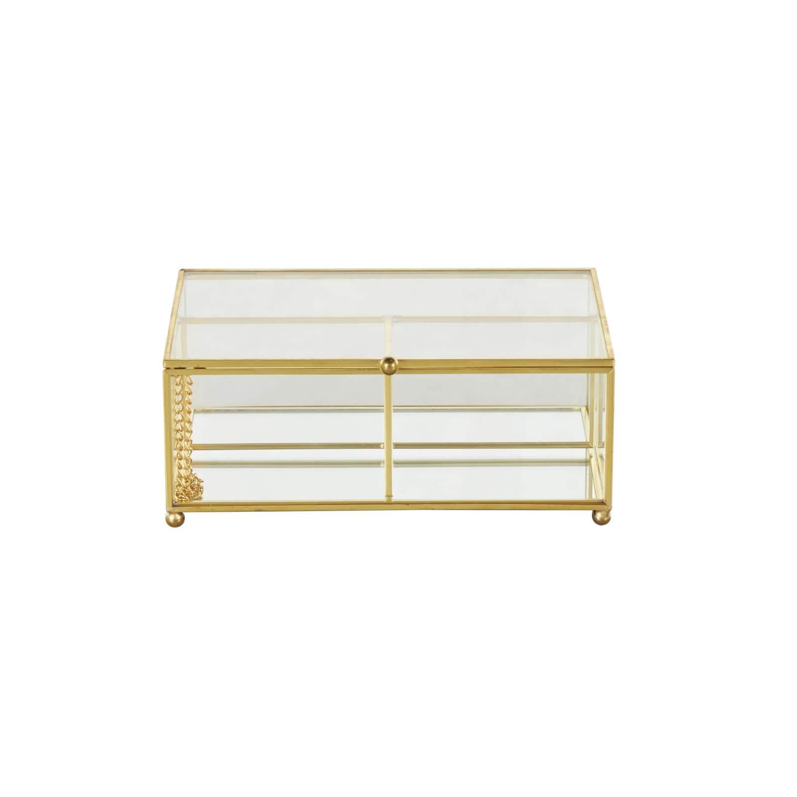 7" x 5" x 3" Clear & Gold 3-Slot Glass & Metal Jewelry Box with Chain Accent