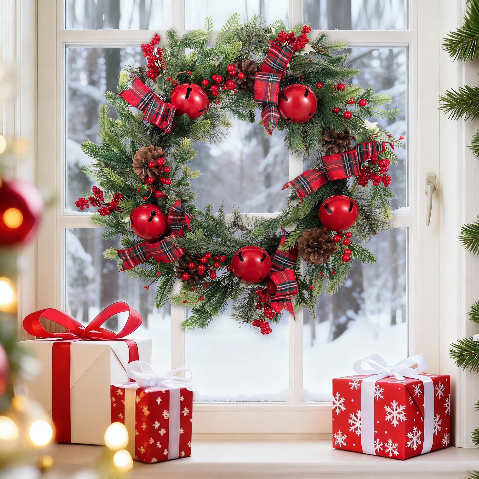 Glitzhome® 26" Christmas Bell Pinecone & Berry Bow Wreath