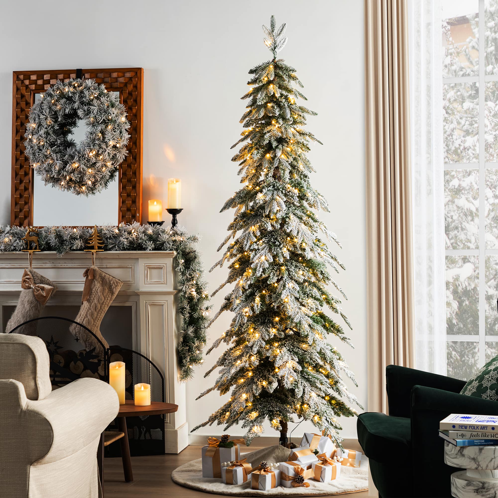 7.5ft. Pre-Lit Flocked Pencil Spruce Artificial Christmas Tree, Warm White LED Lights