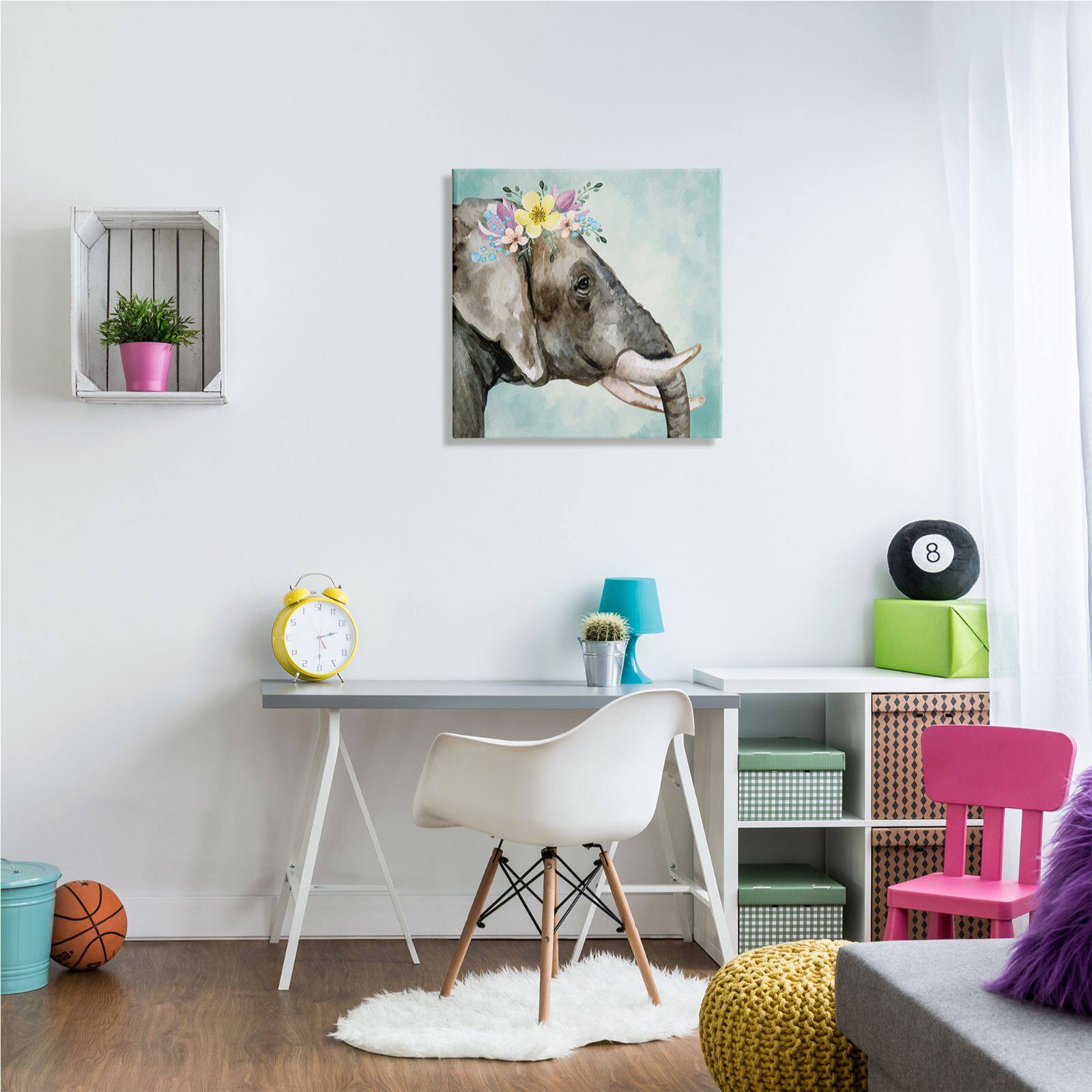 Stupell Industries Elephant Safari Animal Purple Yellow Boho Floral Crown Canvas Wall Art