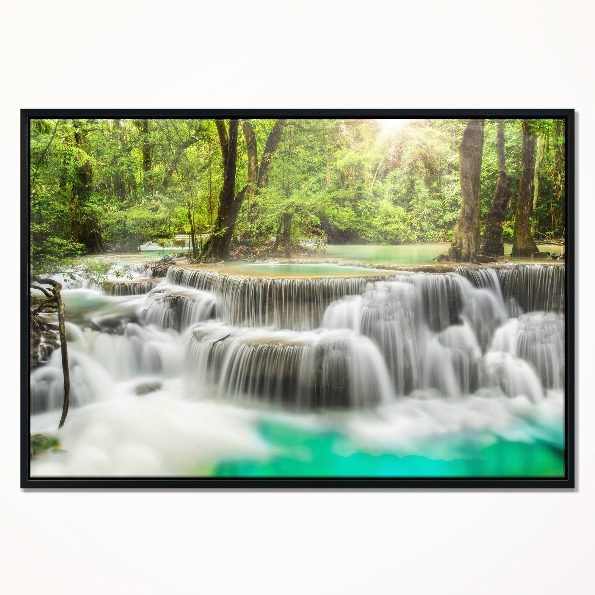 Designart - Kanchanaburi Erawan Waterfall - Photography Canvas Art Print in Black Frame