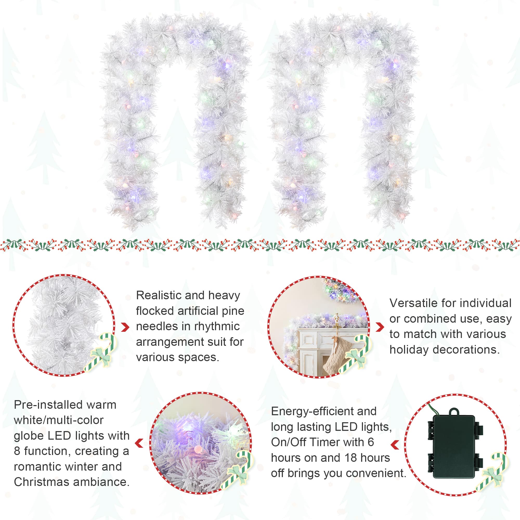 Glitzhome® 6ft Pre-Lit Snow Flocked White Pine Christmas Garland with Timer, 2ct.