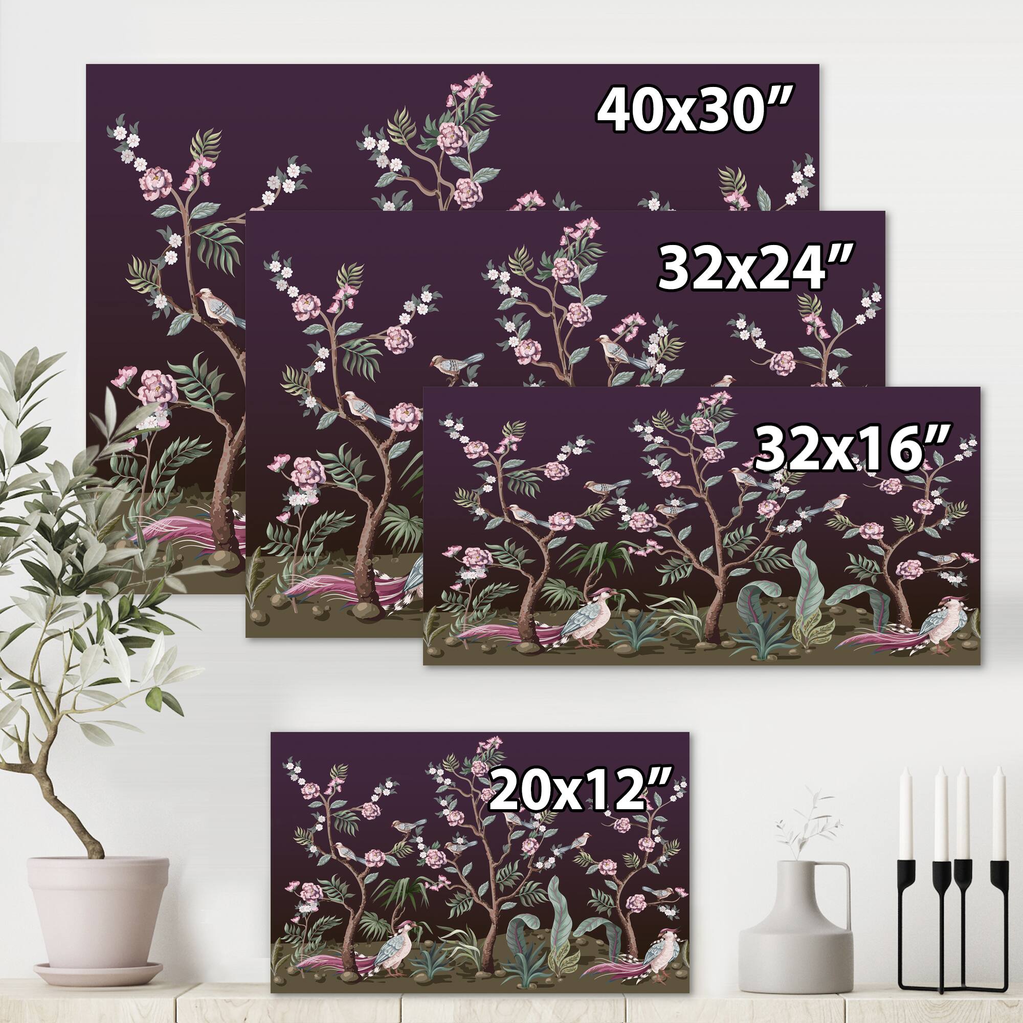 Designart - Chinoiserie With Birds and Peonies I - Traditional Canvas Wall Art Print