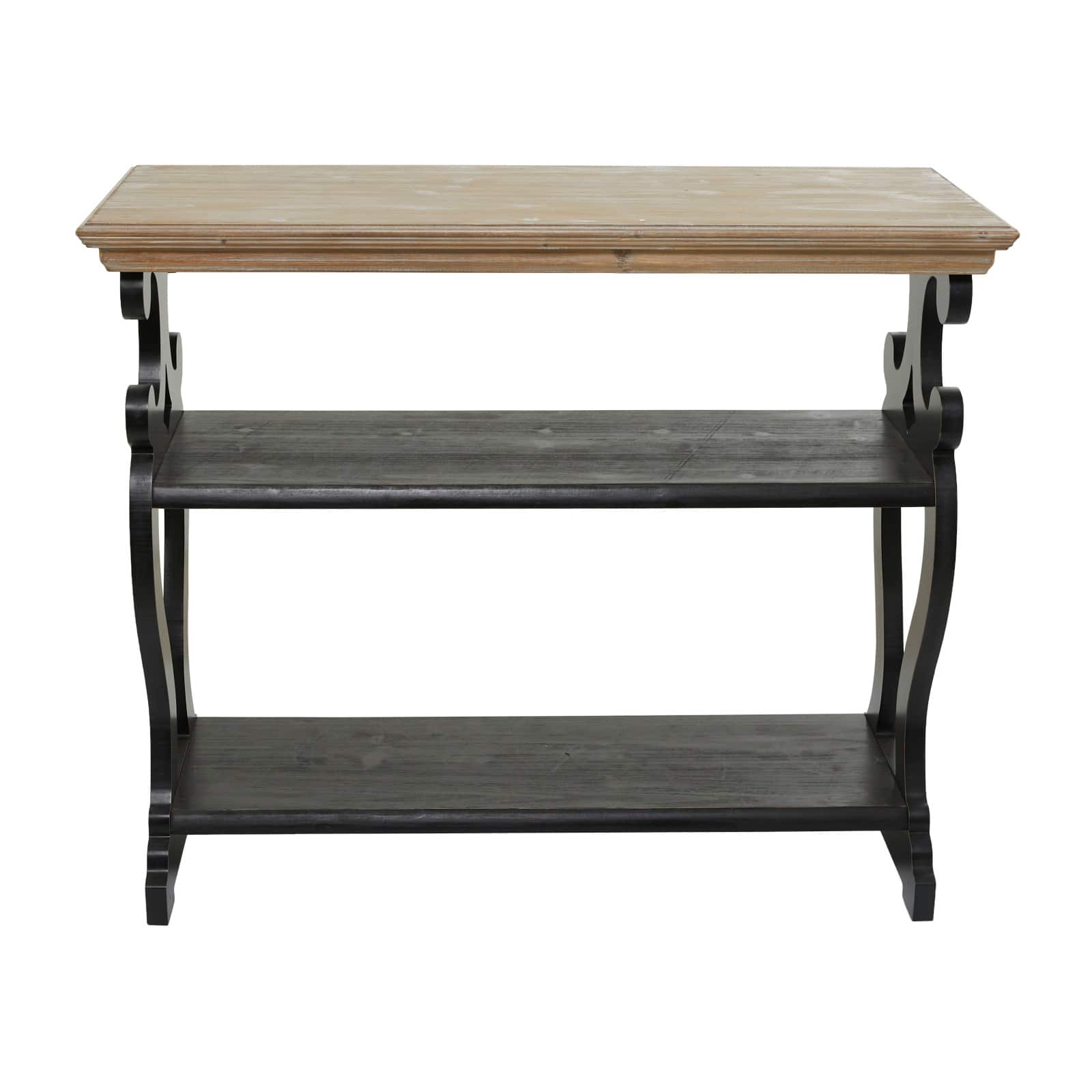Black Wood Scroll Side Frames 2 Shelves Console Table with Brown Wood Top 38" x 15" x 32"