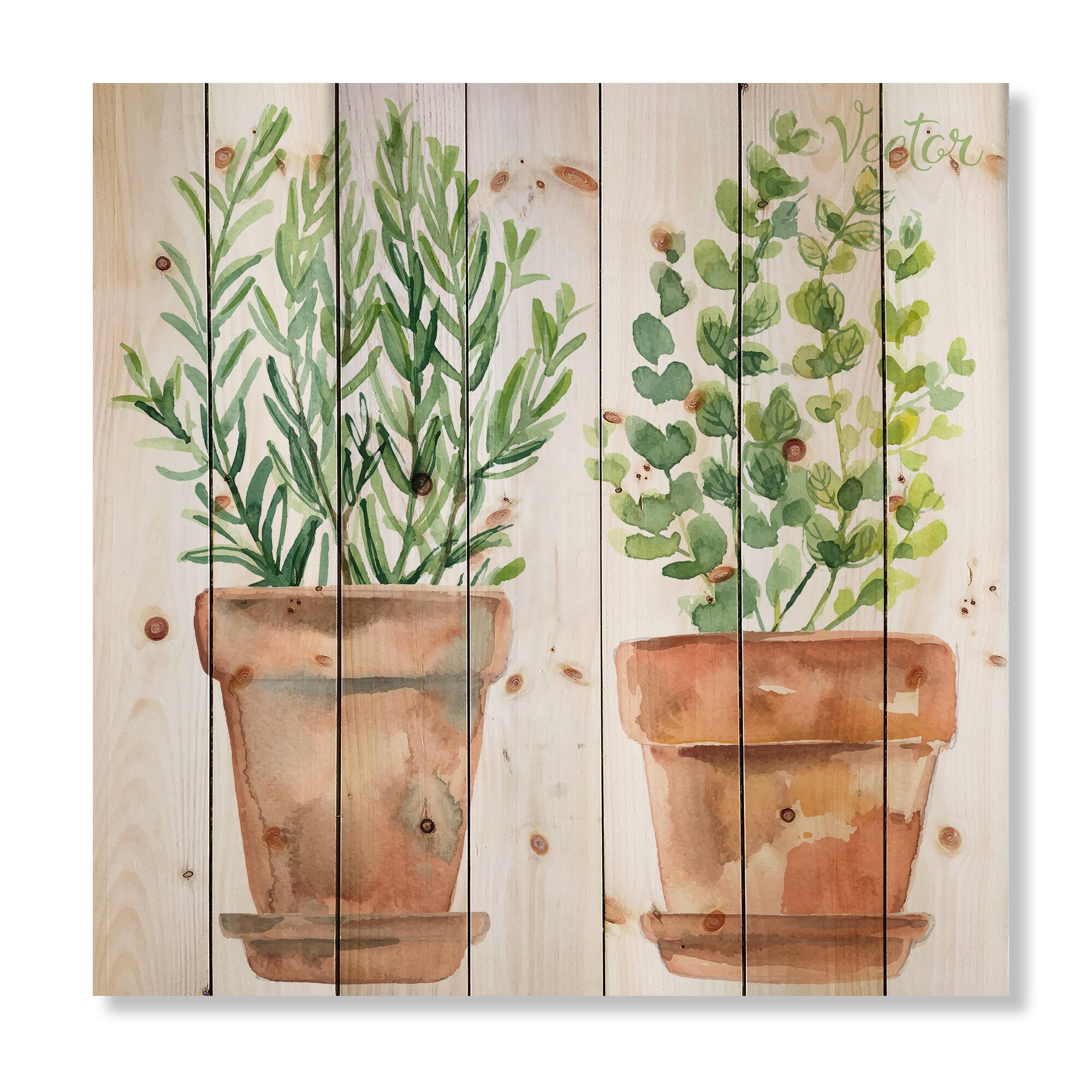 Designart - Two Green House Plants In Orange Flower Pots - Traditional Print on Natural Pine Wood