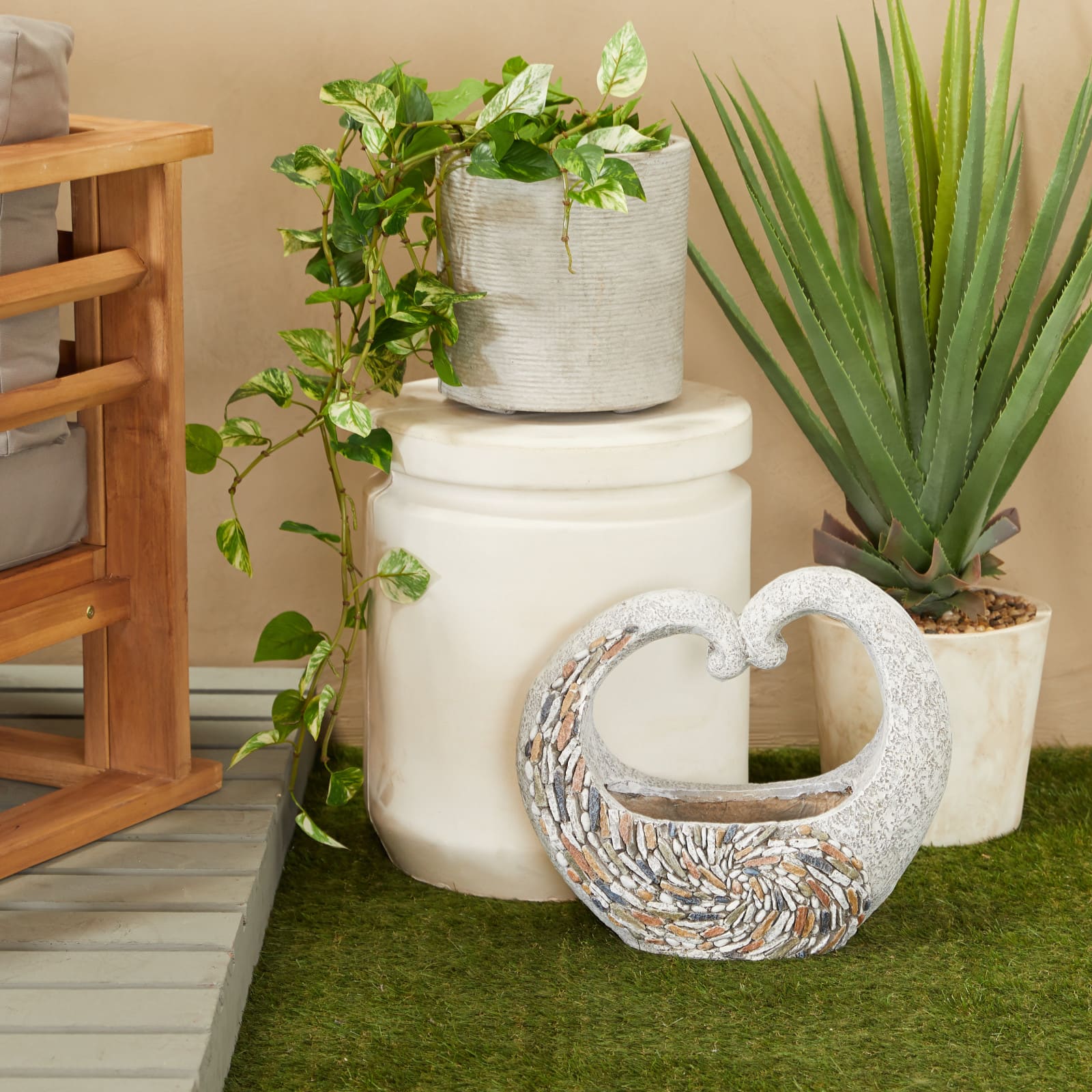 Gray Fiberglass Planter with Stone Mosaic Design