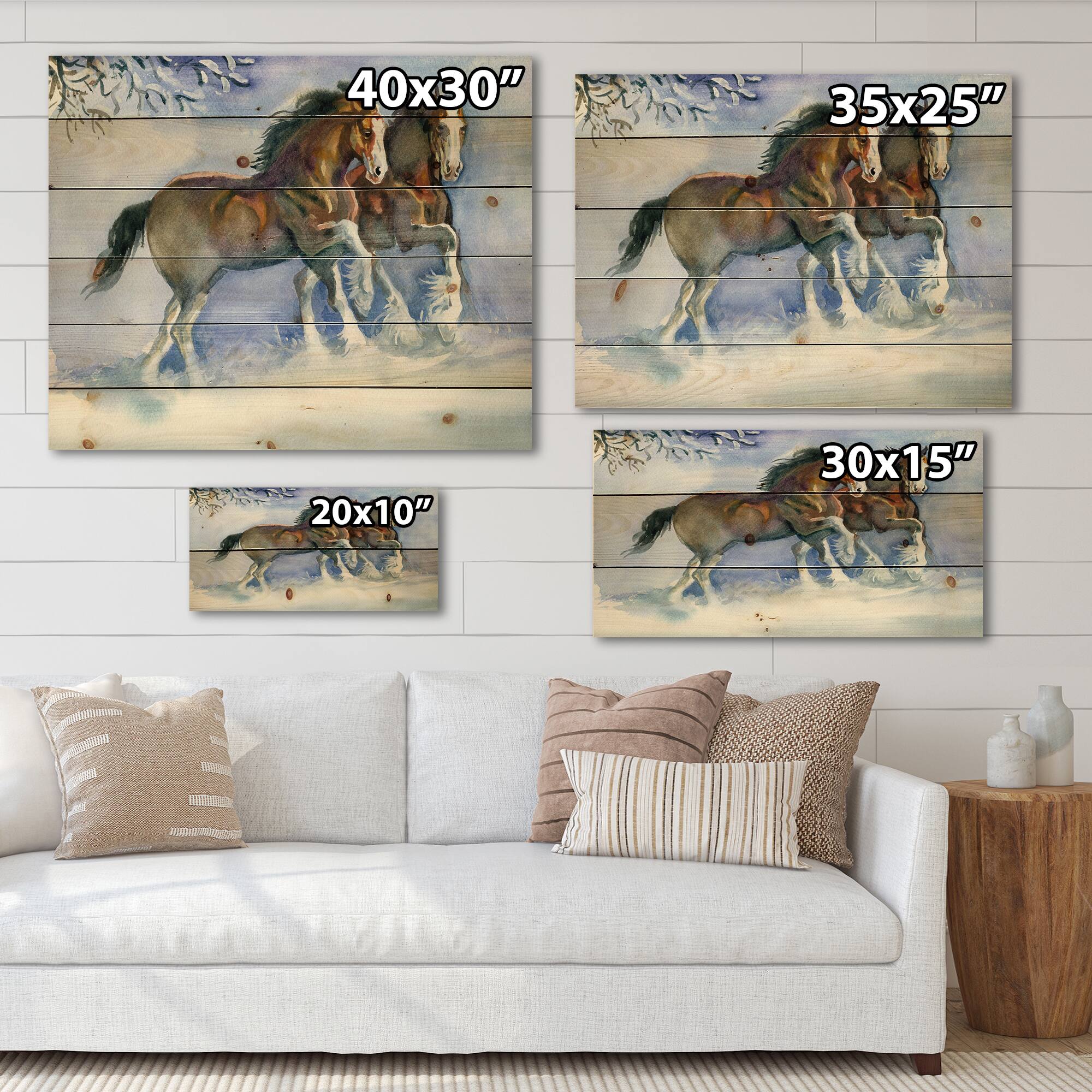 Designart - Horses Running In Winter - Farmhouse Print on Natural Pine Wood