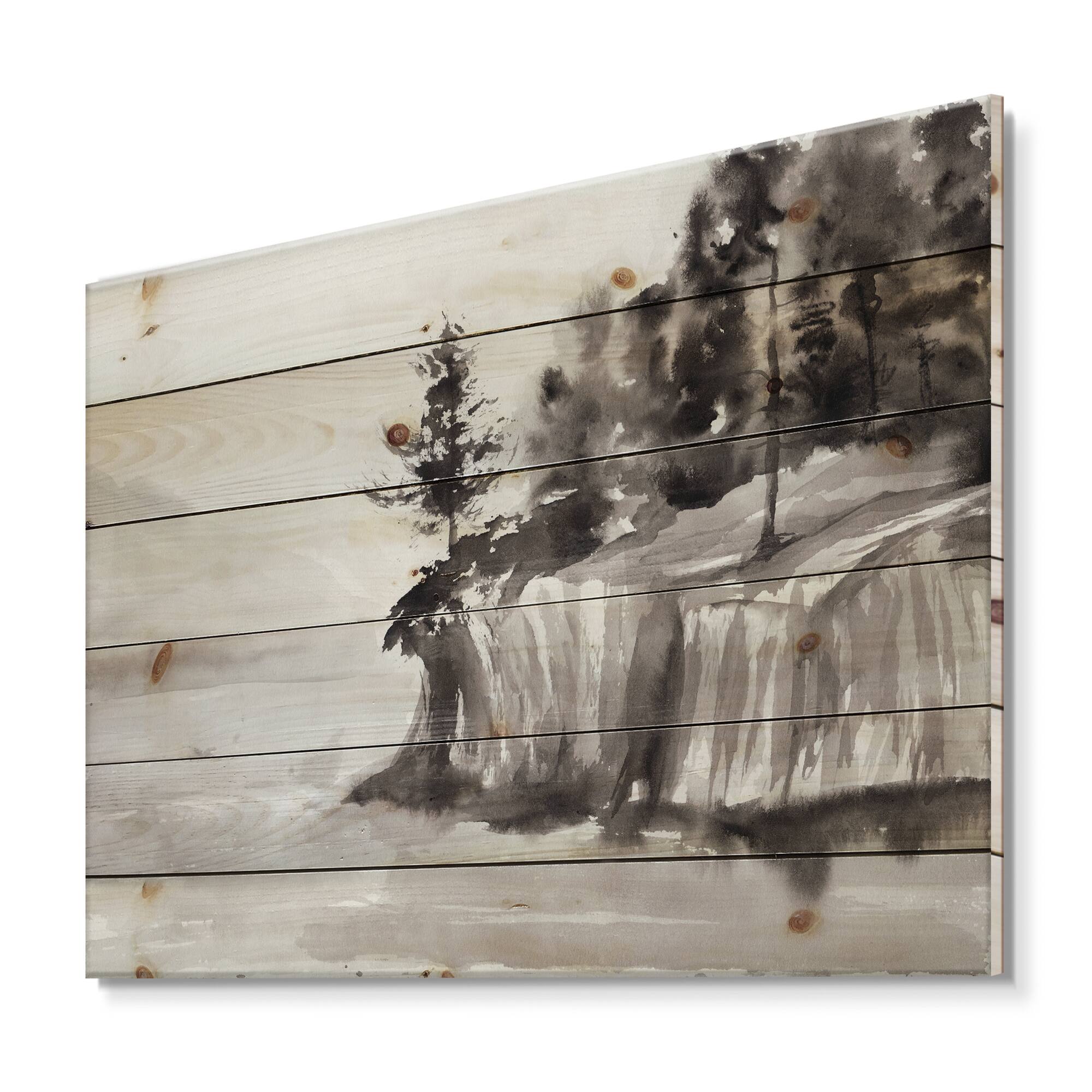 Designart - Monochrome Cliffs By The Lake - Nautical & Coastal Print on Natural Pine Wood