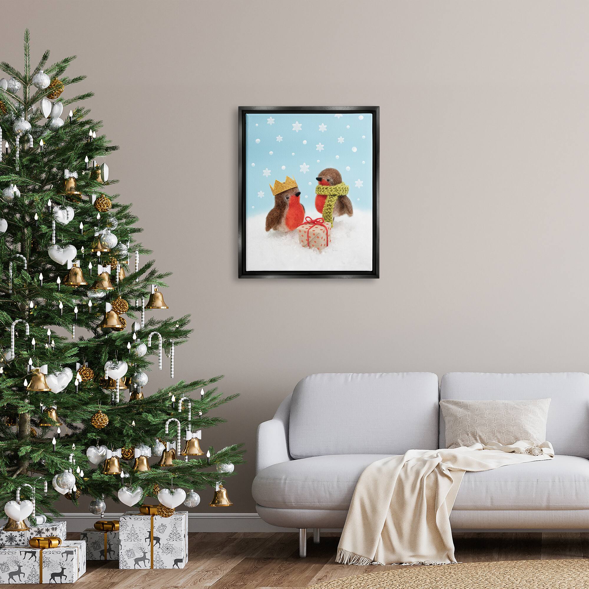 Stupell Industries Birds Gift Giving Christmas Snow Framed Floater Canvas Wall Art