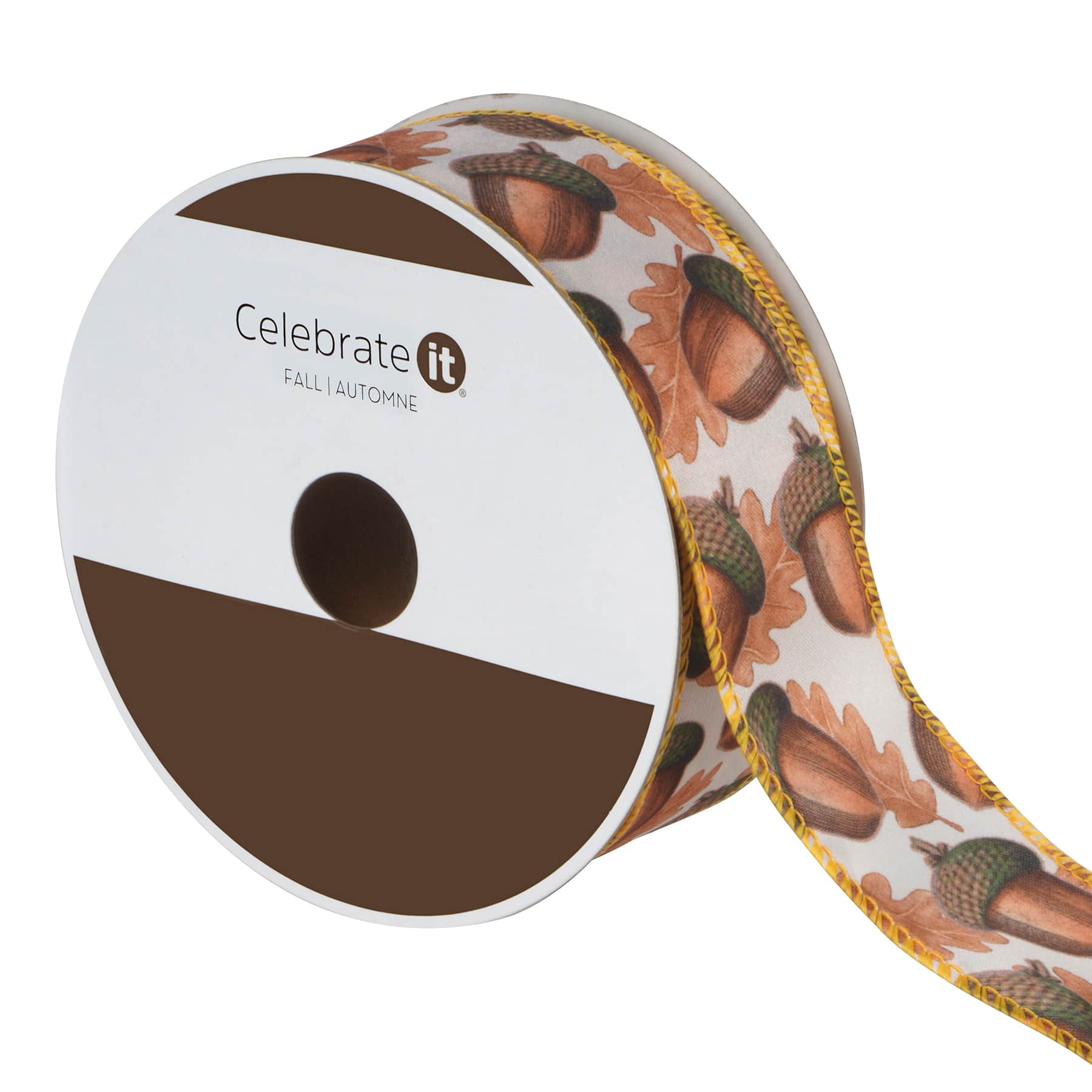 1.5" x 10yd. Brown Acorns Wired Ribbon by Celebrate It®