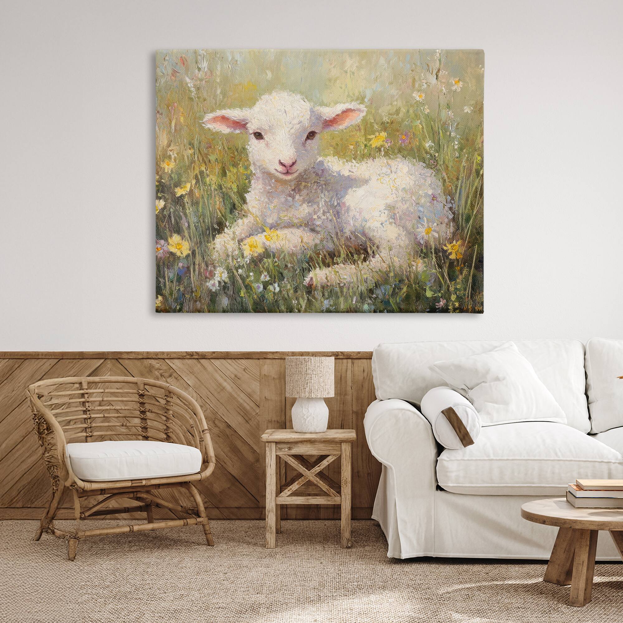 Stupell Industries Sunlight Lamb in Flowers Canvas Wall Art