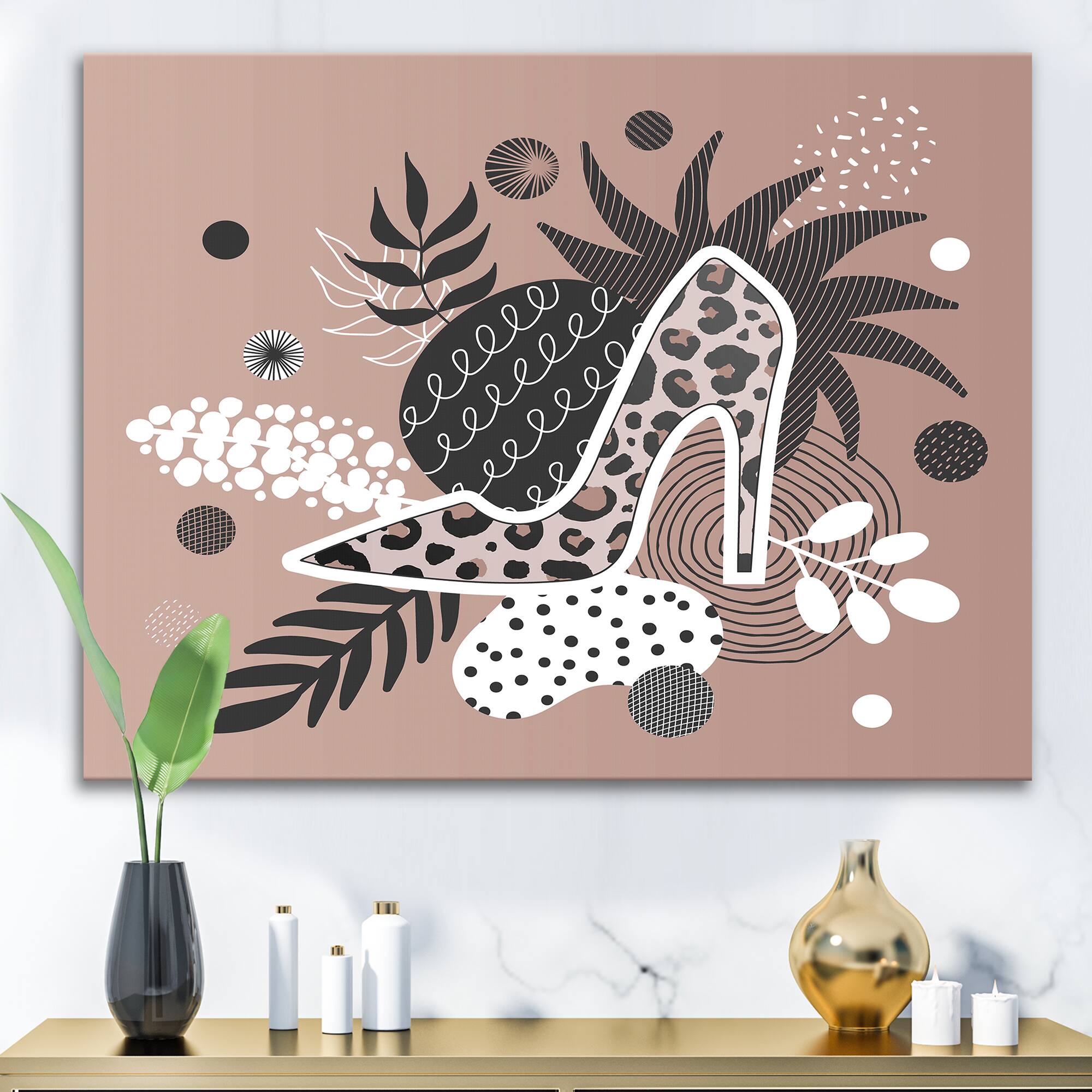 Designart - Leopard High-Heeled Shoes Tropical Leaves