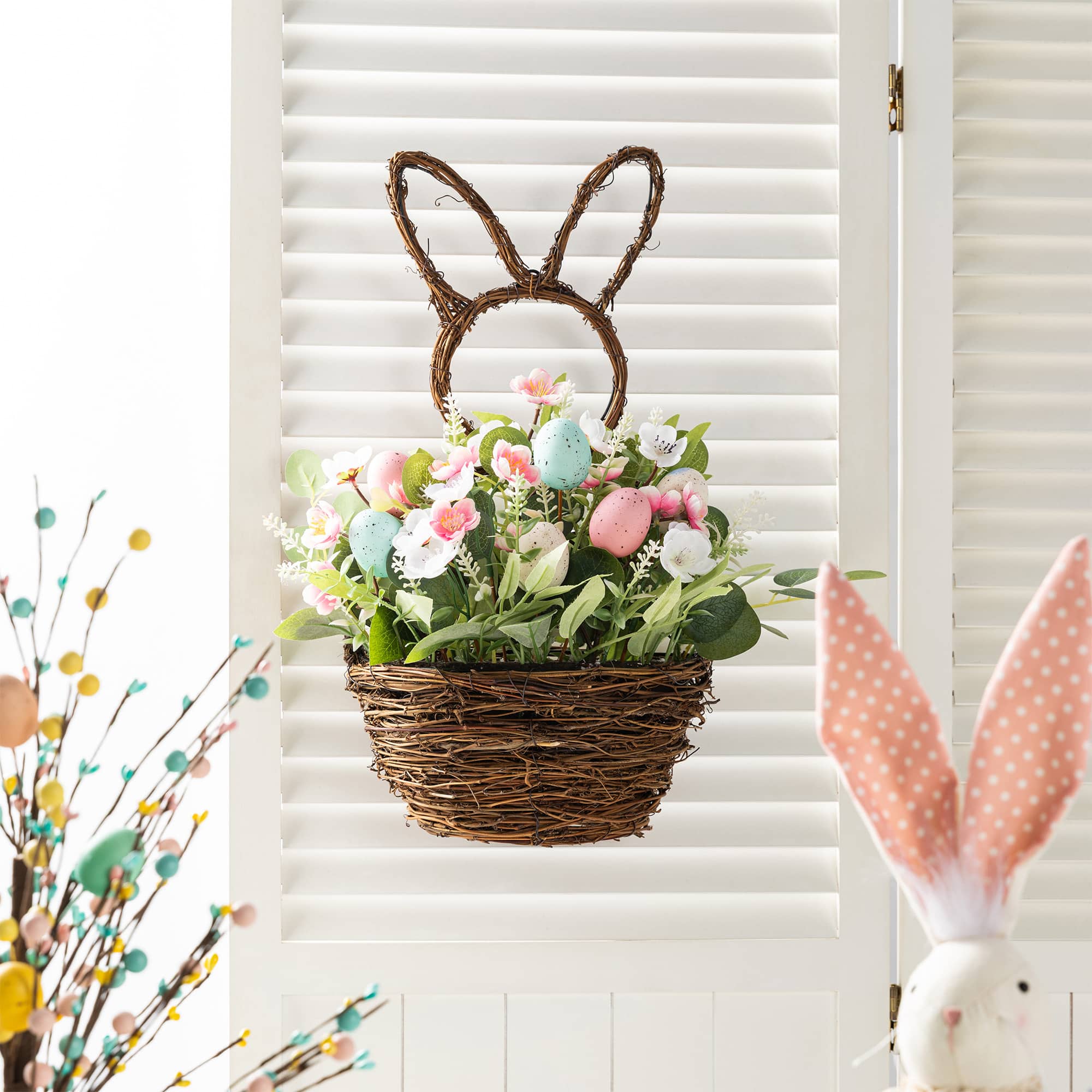 Glitzhome® 18" Easter Egg & Flower Bunny-Shaped Basket Centerpiece