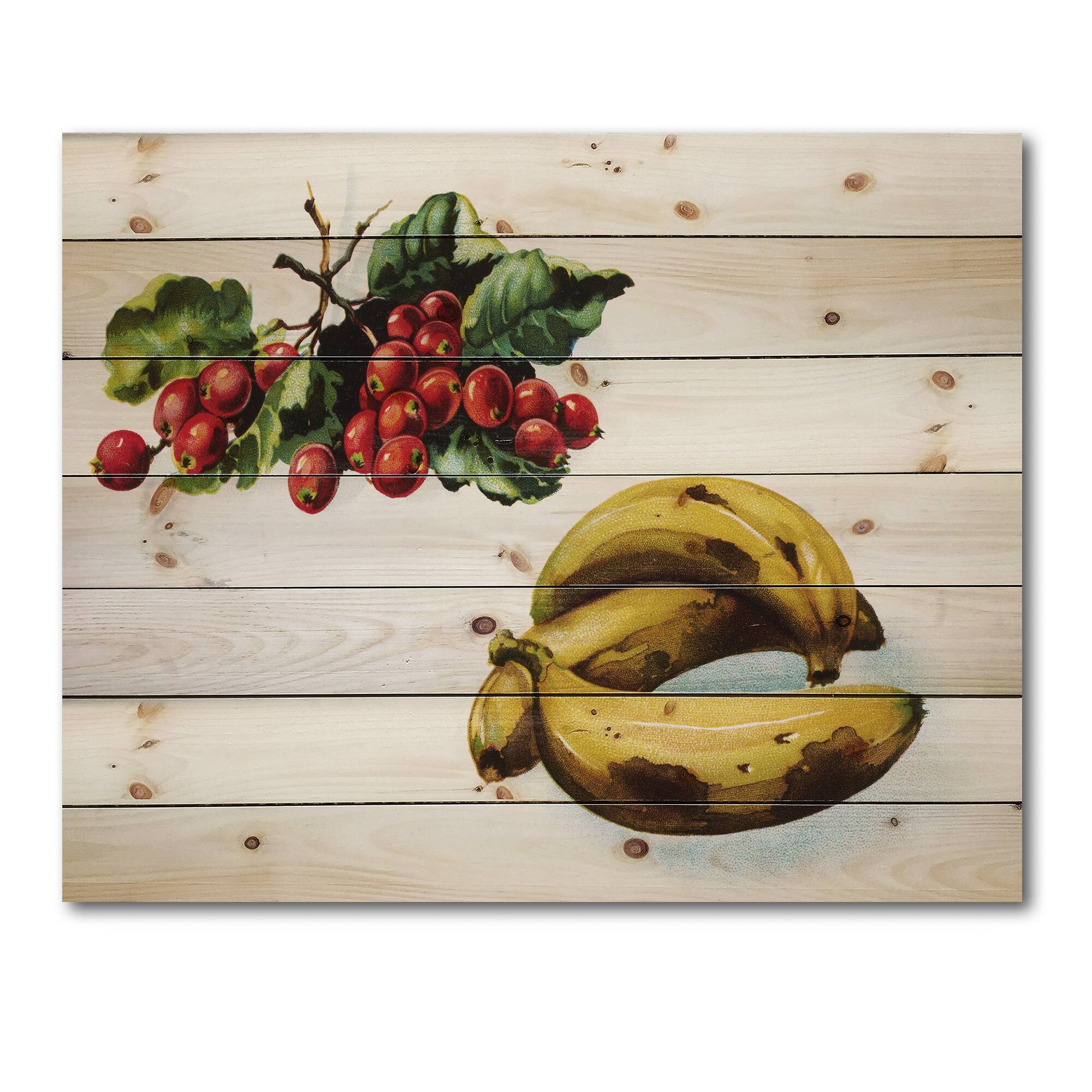 Designart - Banana and Red Berries - Farmhouse Print on Natural Pine Wood