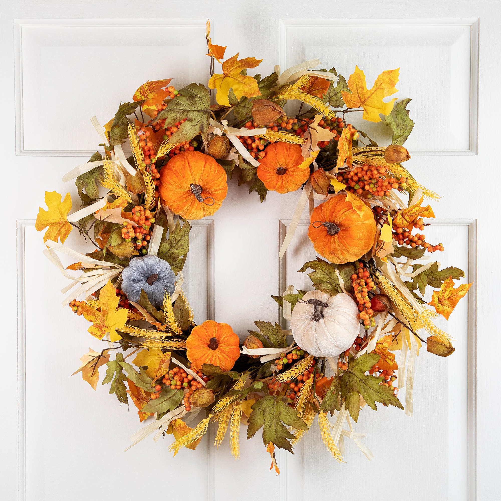24" Velvet Pumpkins & Wheat Fall Harvest Wreath