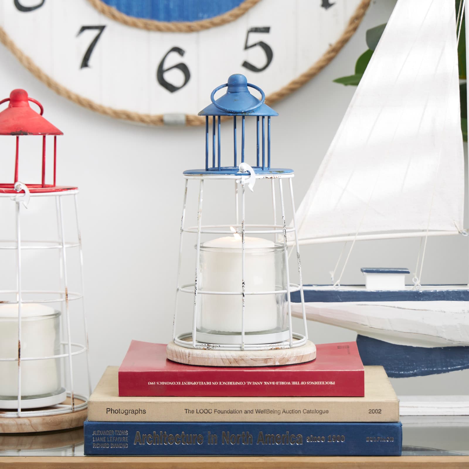 12" Blue Metal Distressed Decorative Light House Candle Lantern
