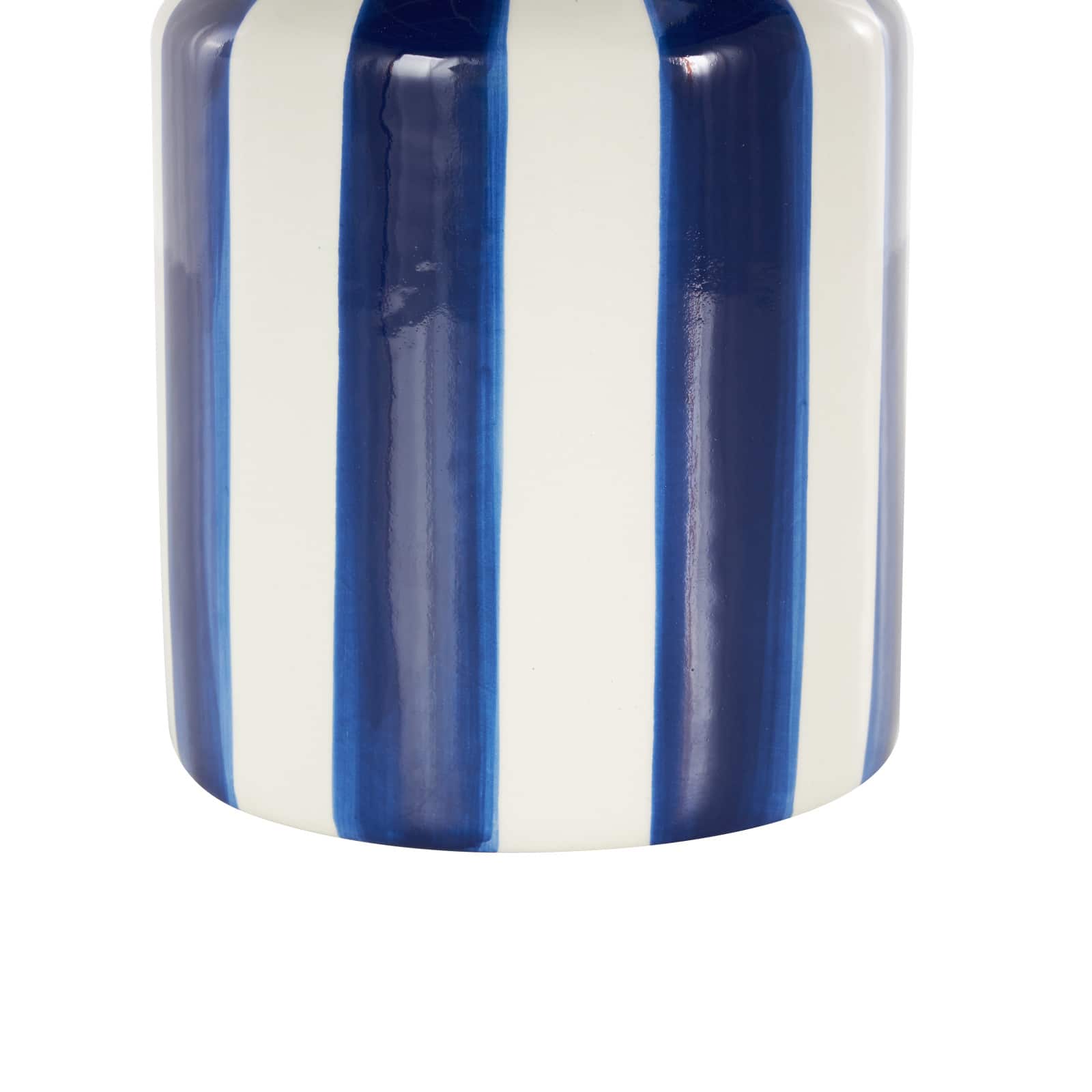 11" White & Blue Stripes Round Decorative Ceramic Vase