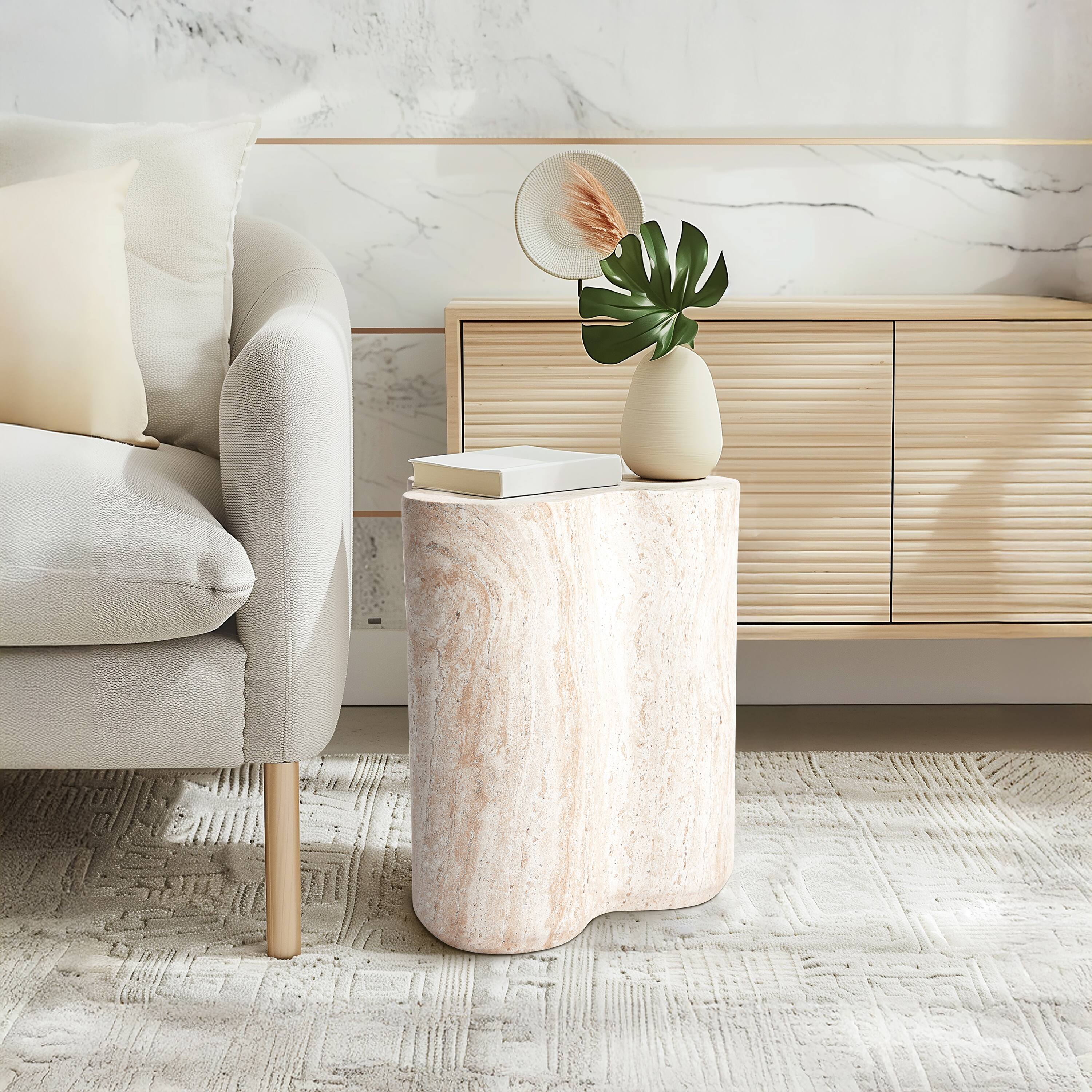 Empire Art Direct 18" Clover Travertine Stone Finish MGO Side Accent Table