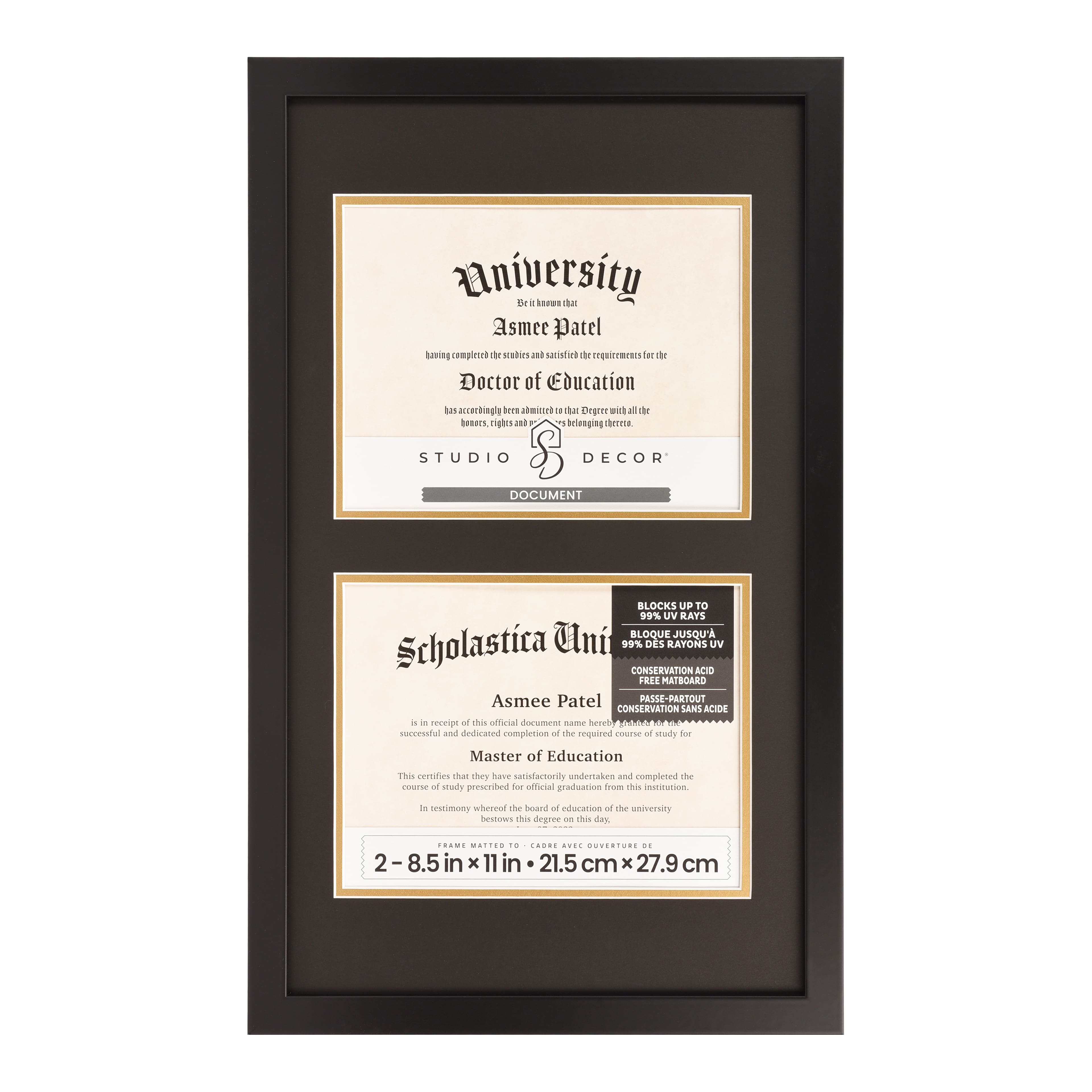 2 Opening 8.5" x 11" Black Document Frame with Double Mat by Studio Décor®