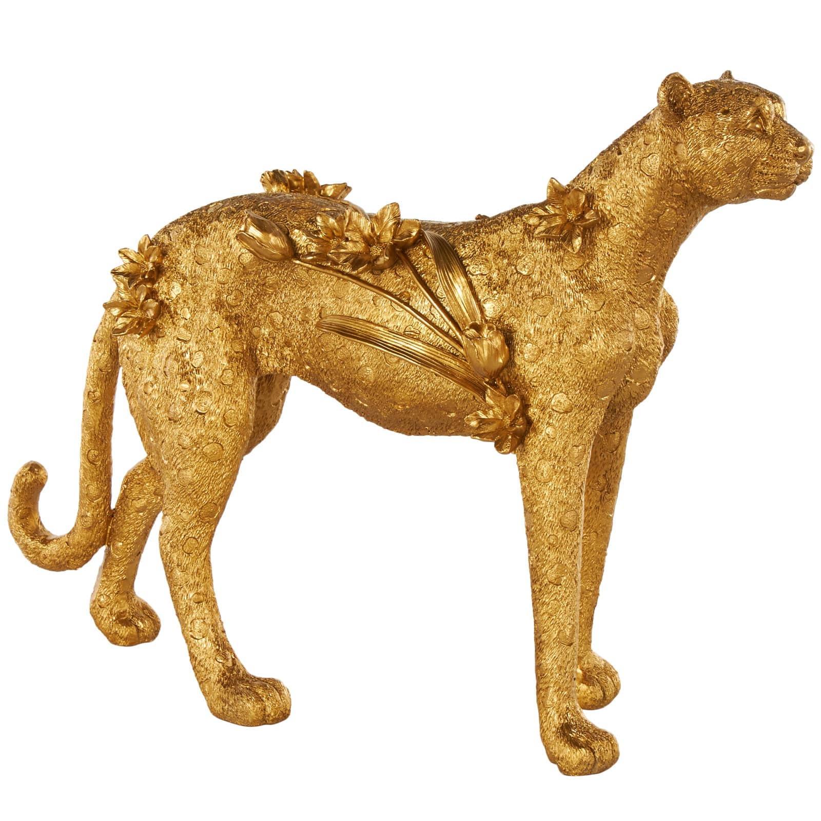 25" Gold Resin Standing Leopard Decorative Sculpture with Textured Spots and Floral Accents