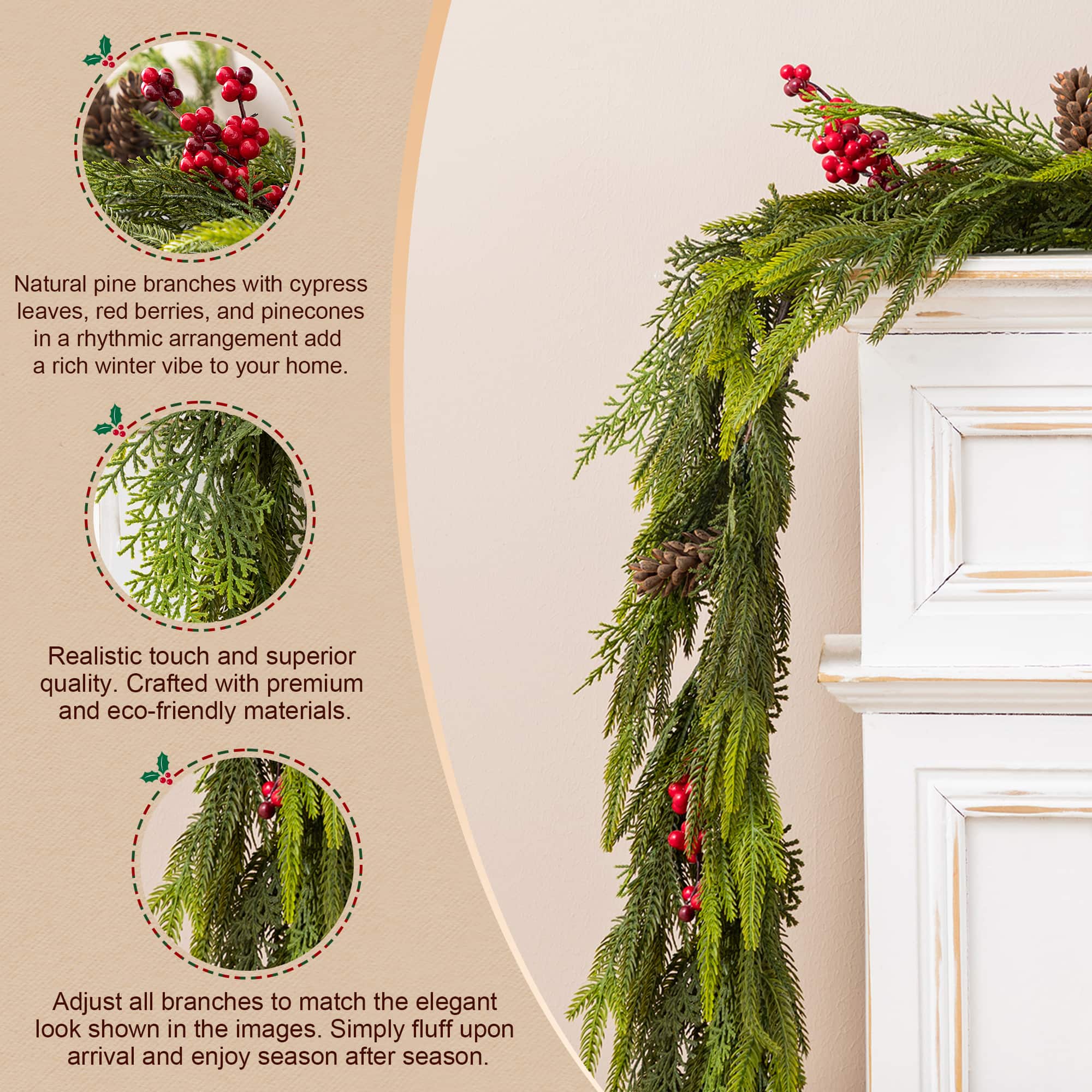Glitzhome® 9ft. Christmas PE Dripping Garland with Pinecones and Red Berries, Set of 2