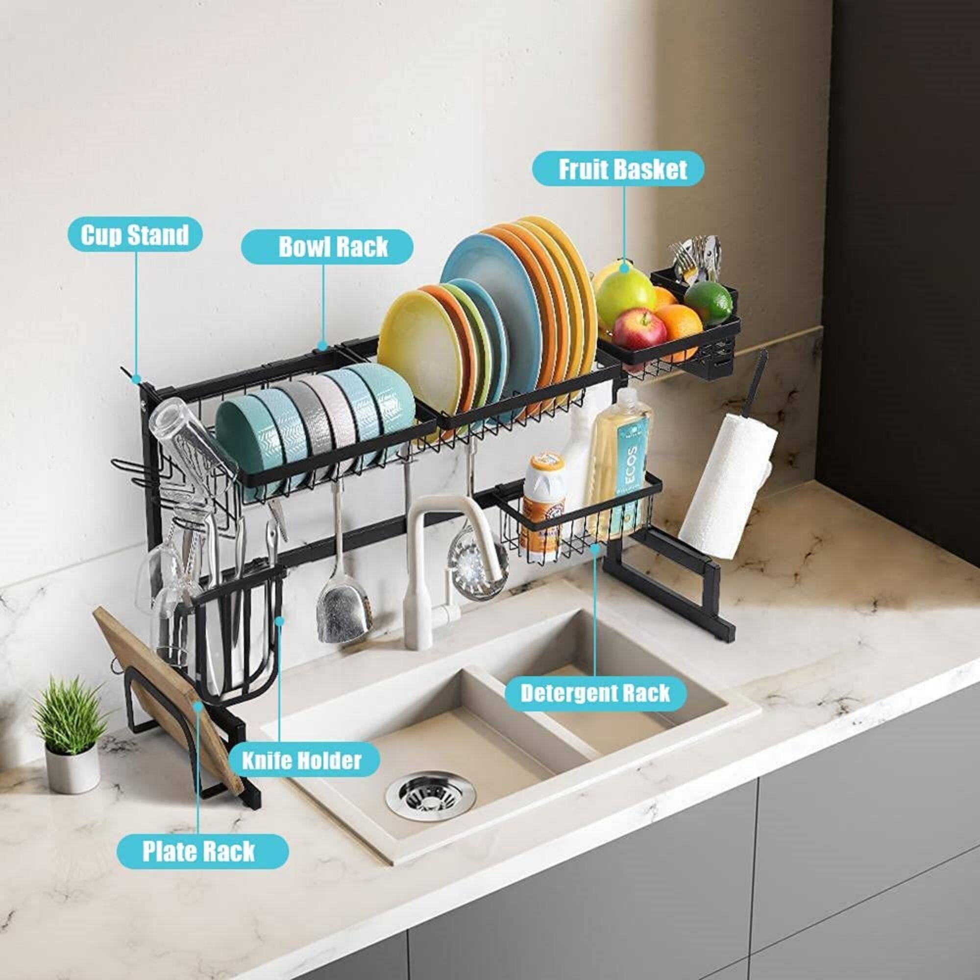 NEX™ 38" Black 2 Tier Stainless Steel Over the Sink Dish Drying Rack