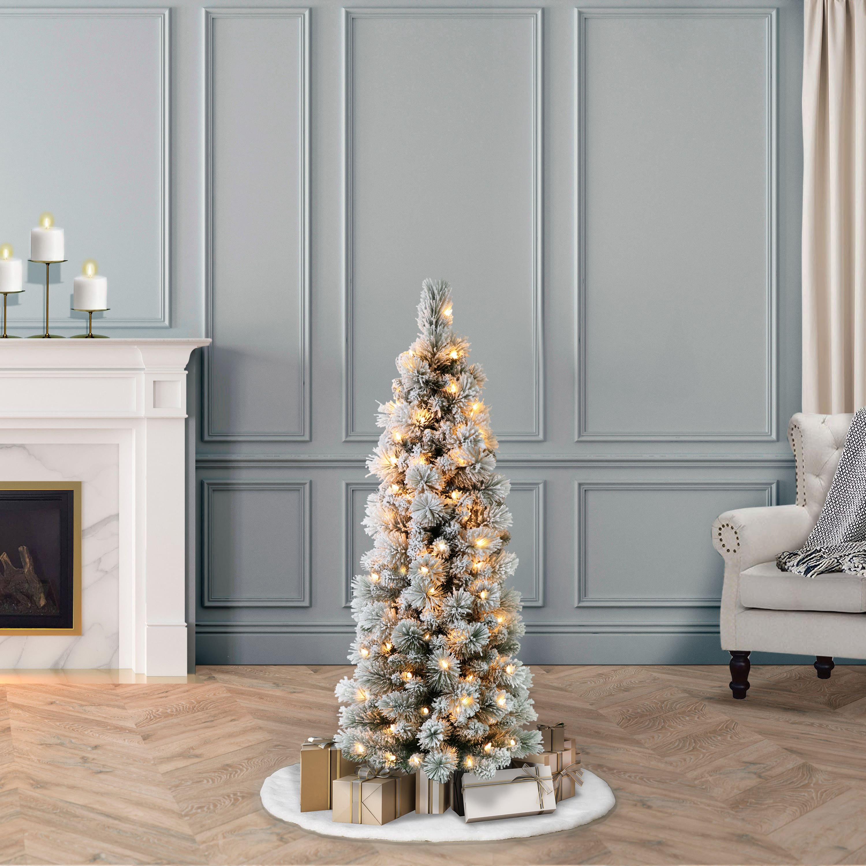 4.5ft. Pre-Lit Flocked Portland Pine Pencil Artificial Christmas Tree, Clear Lights