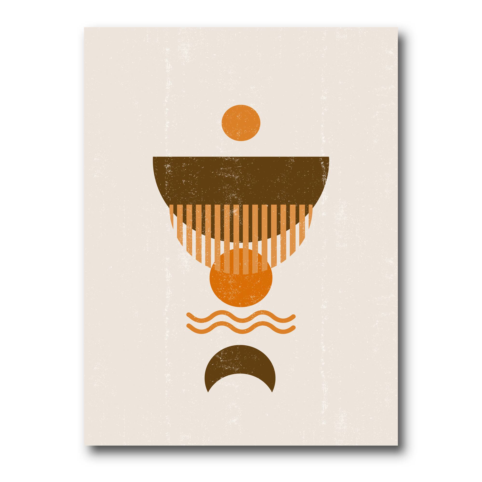 Designart - Abstract Minimal Orange Sun and Brown Moon - Modern Canvas Wall Art Print