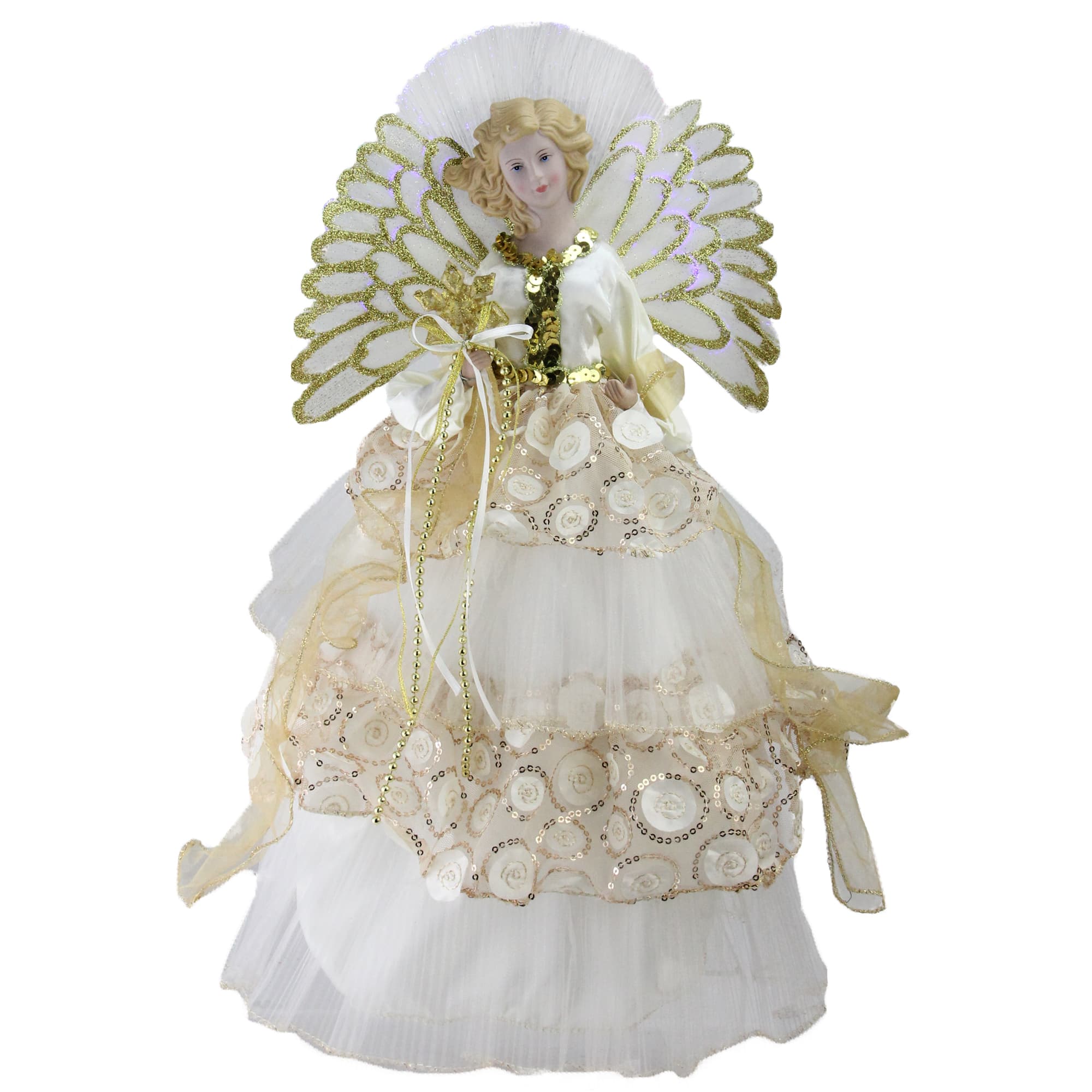 Northlight 16" Lighted Fiber Optic Angel in Cream and Gold Sequined Gown Christmas Tree Topper - Gold