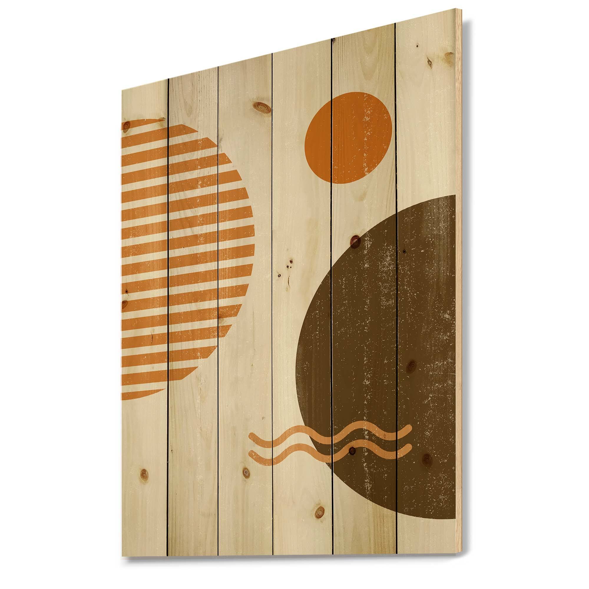 Designart - Abstract Minimal Sun and Moon In Earth Tones III - Modern Print on Natural Pine Wood