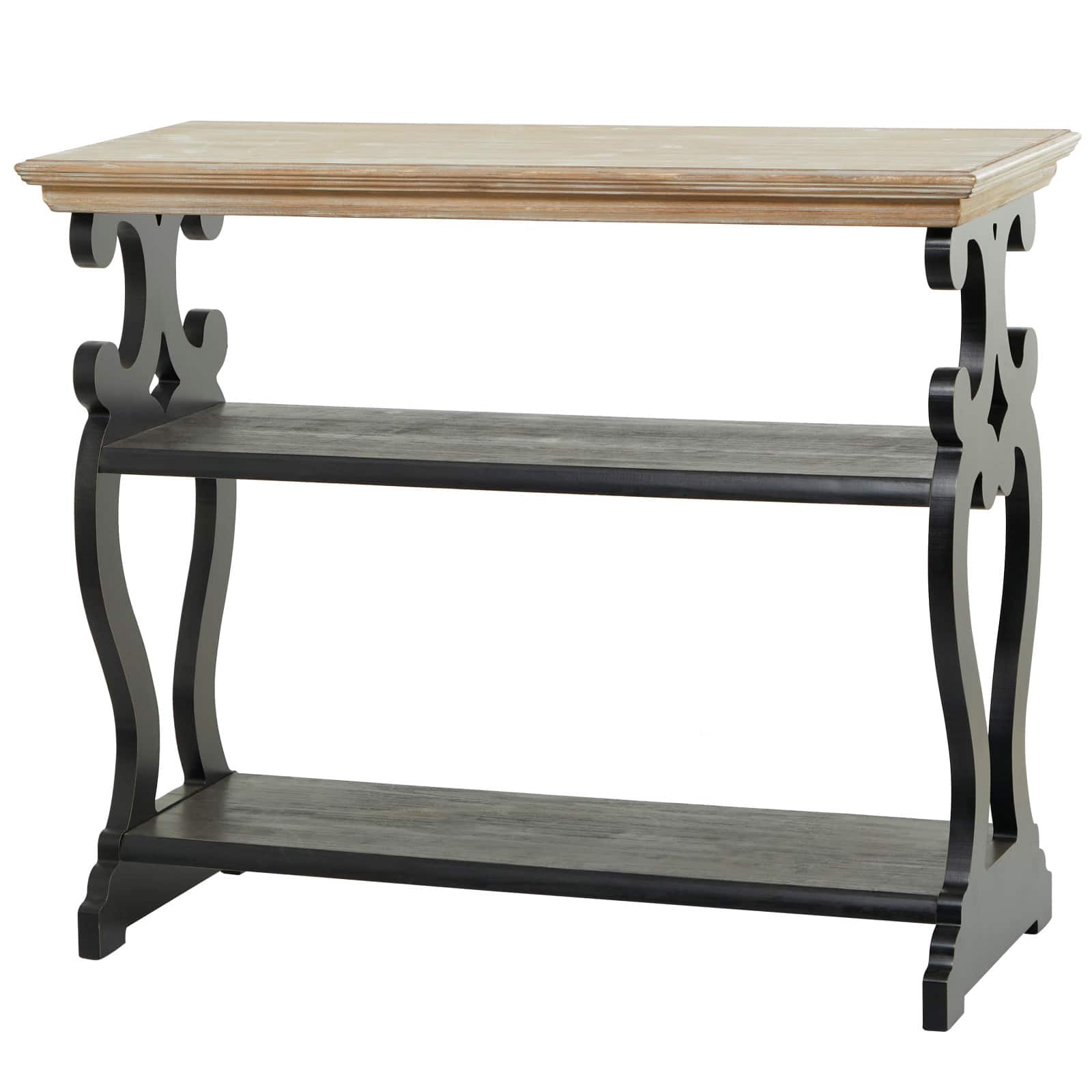 Black Wood Scroll Side Frames 2 Shelves Console Table with Brown Wood Top 38" x 15" x 32"