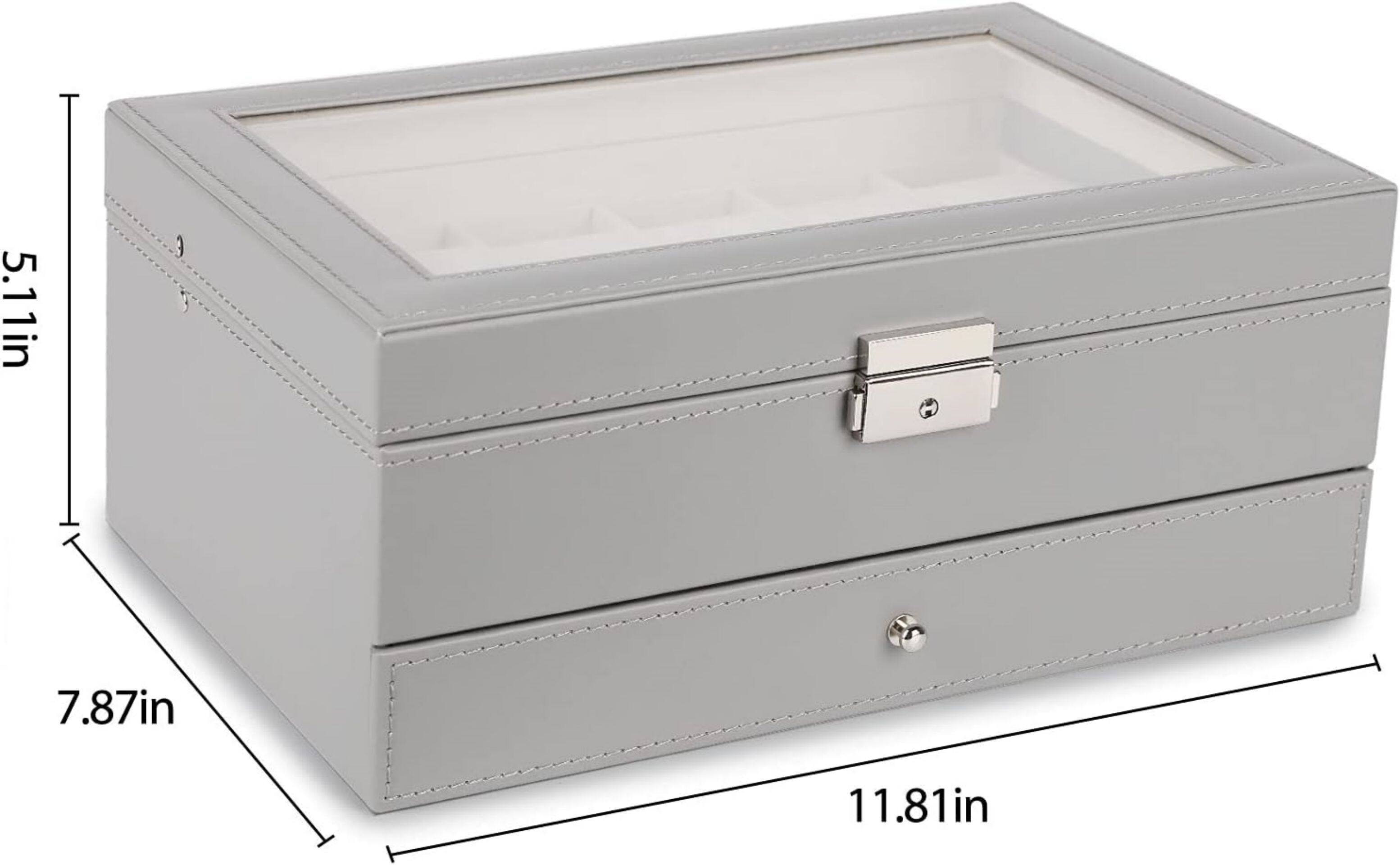 NEX™ Gray Double Layer Leather Watch Box with Glass Top