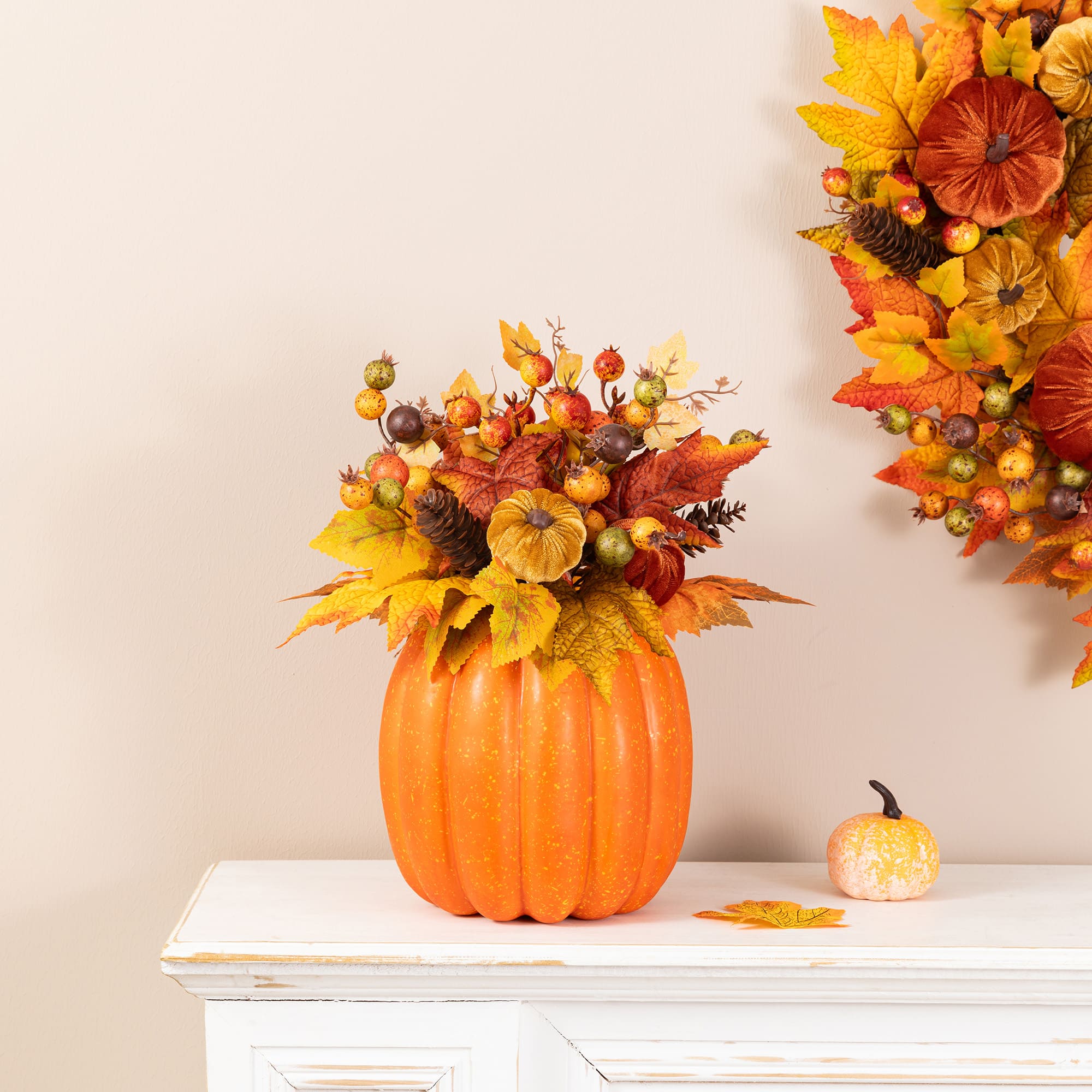 Glitzhome® 15" Fall Velvet Pumpkin, Pinecone & Berry Centerpiece