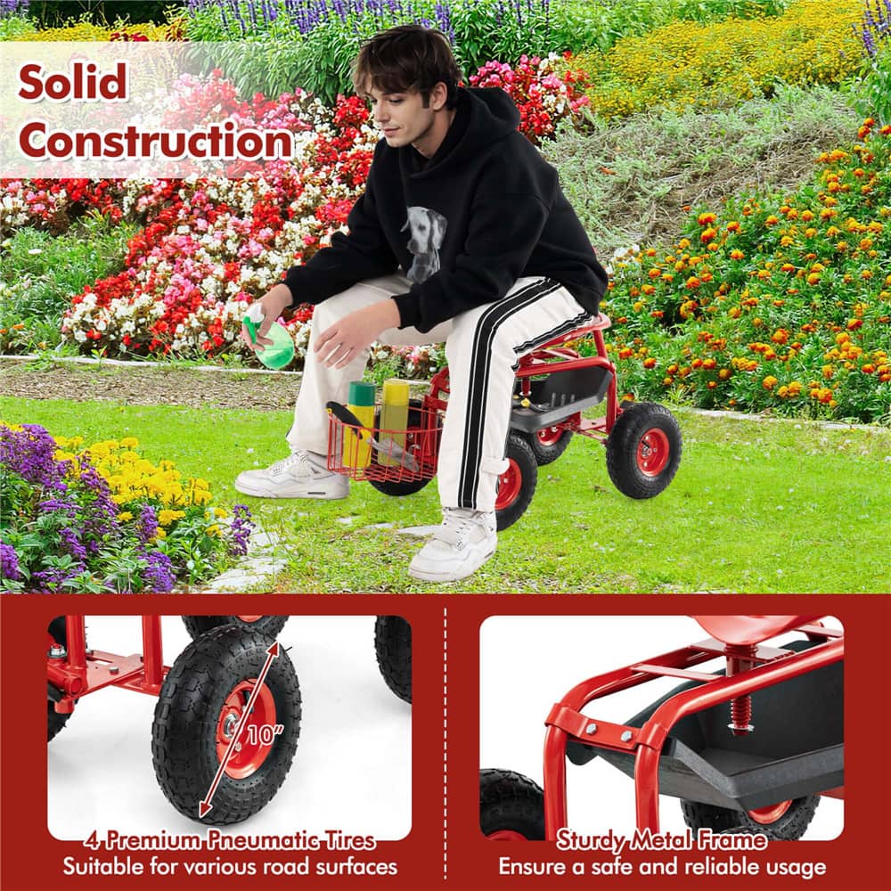 Costway Garden Cart Rolling Work Seat Wagon Scooter for Planting with Extendable Handle