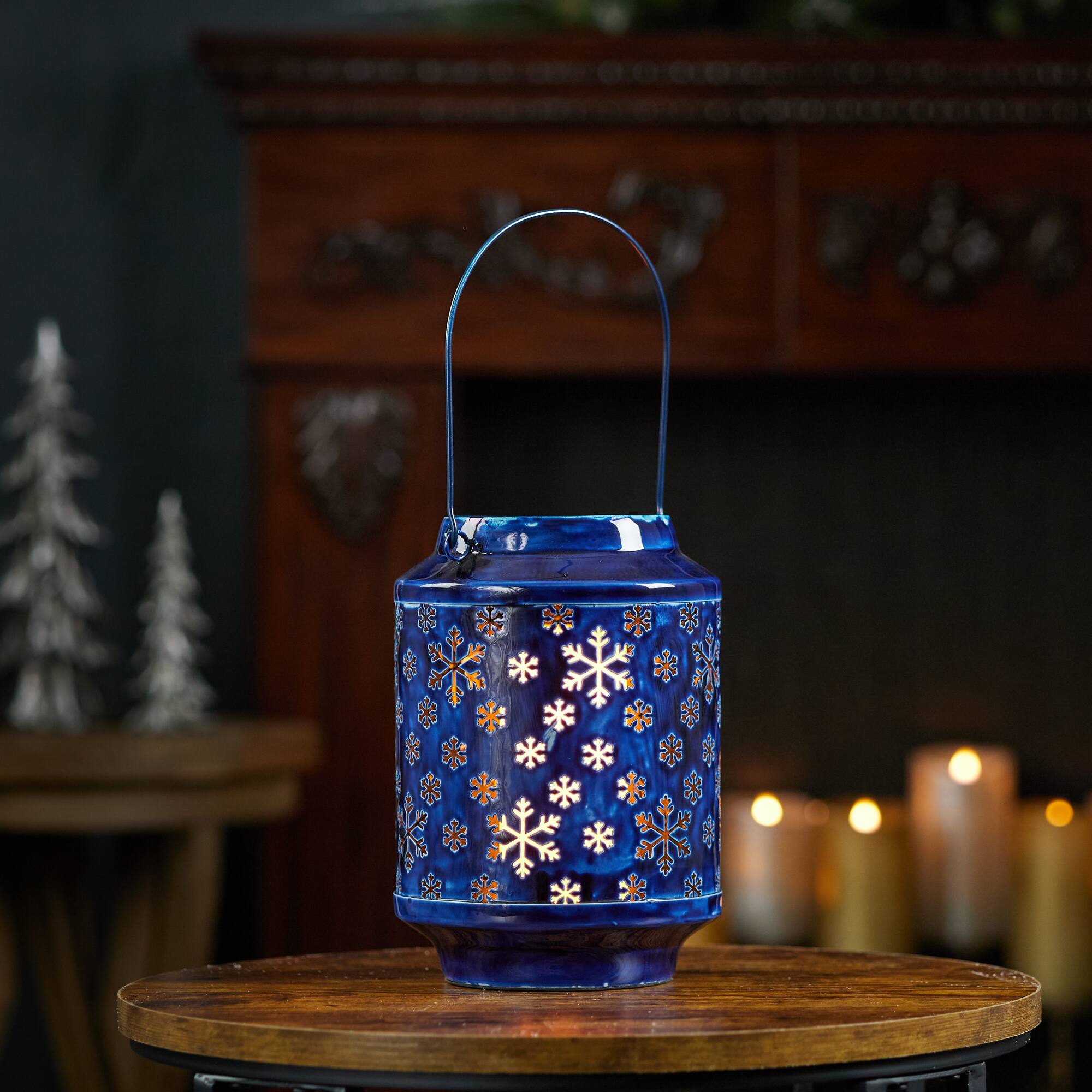 9.75" Blue Punched Metal Snowflake Candle Lantern