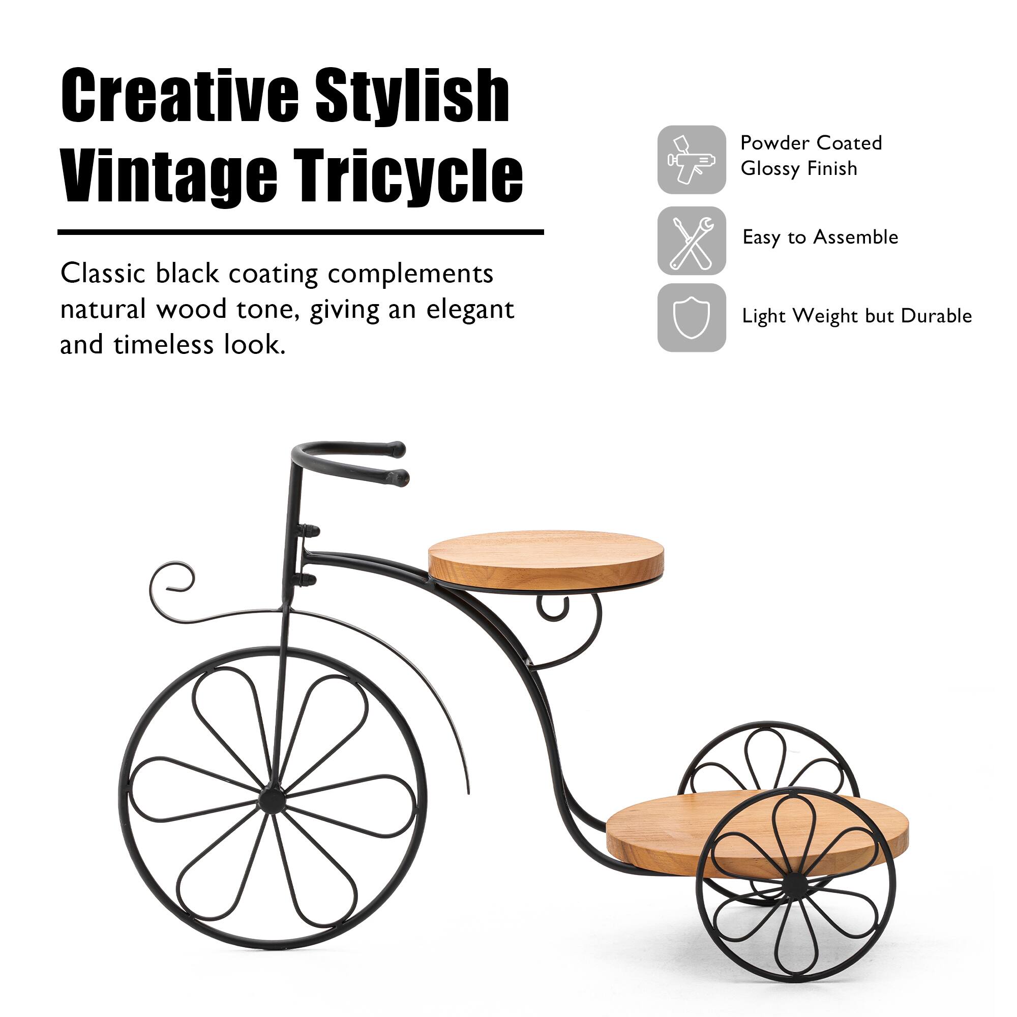 Glitzhome® 24" Black Metal Tricycle Planter Stand with Solid Wood Tray