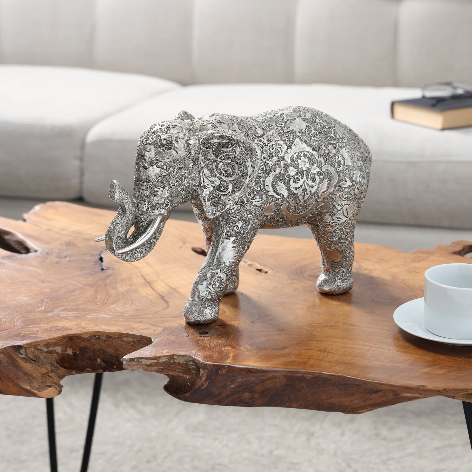 14" Silver Polystone Elephant Floral Engraved Sculpture