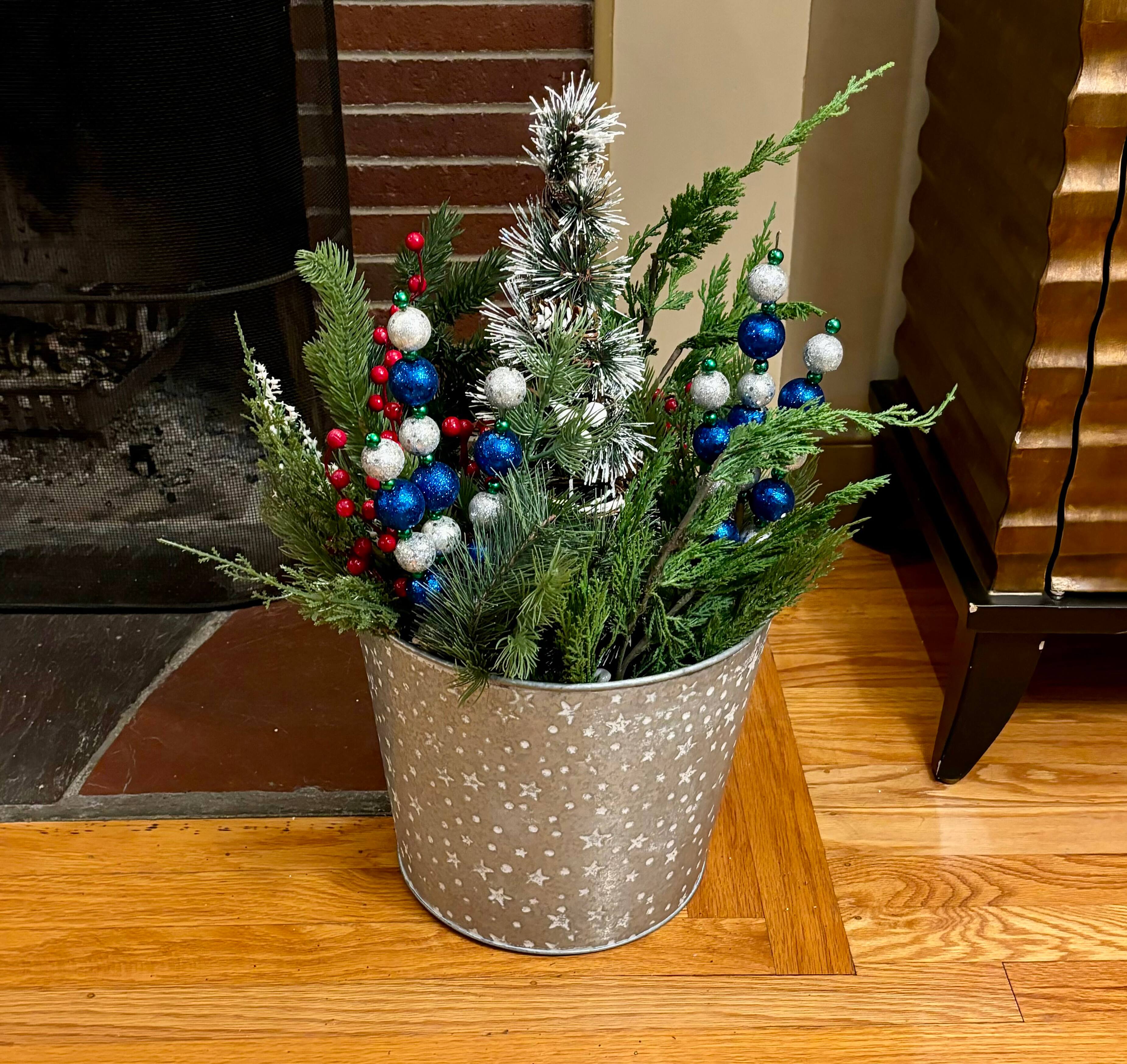 Galvanized Metal Christmas Planter Bucket with White Stars & Dots Sets, 2ct.