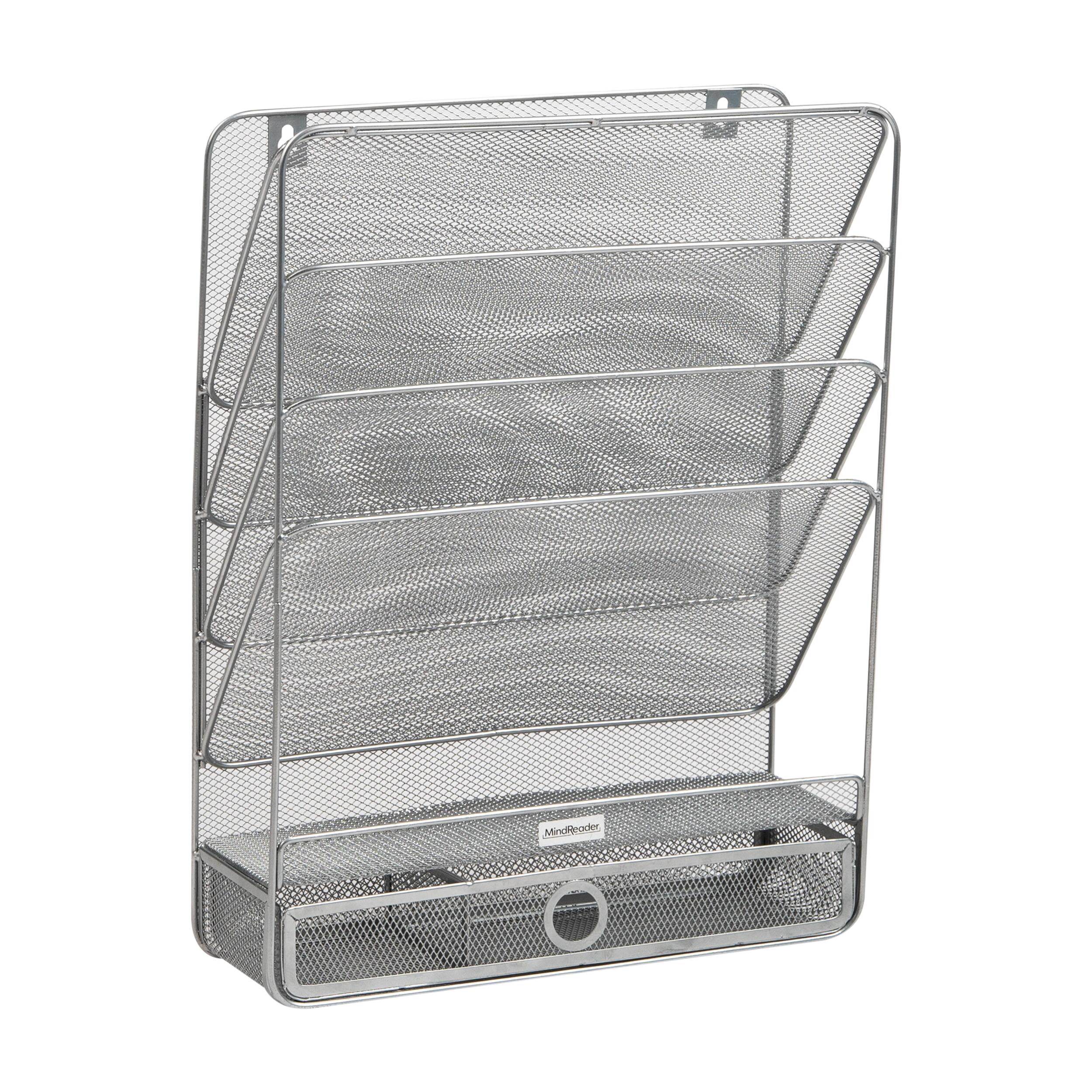 Mind Reader 4-Tier Vertical File Storage, Desktop Organizer, Wall Mount, Office, Metal Mesh, 12.5"L x 4"W x 16.5"H, Silver