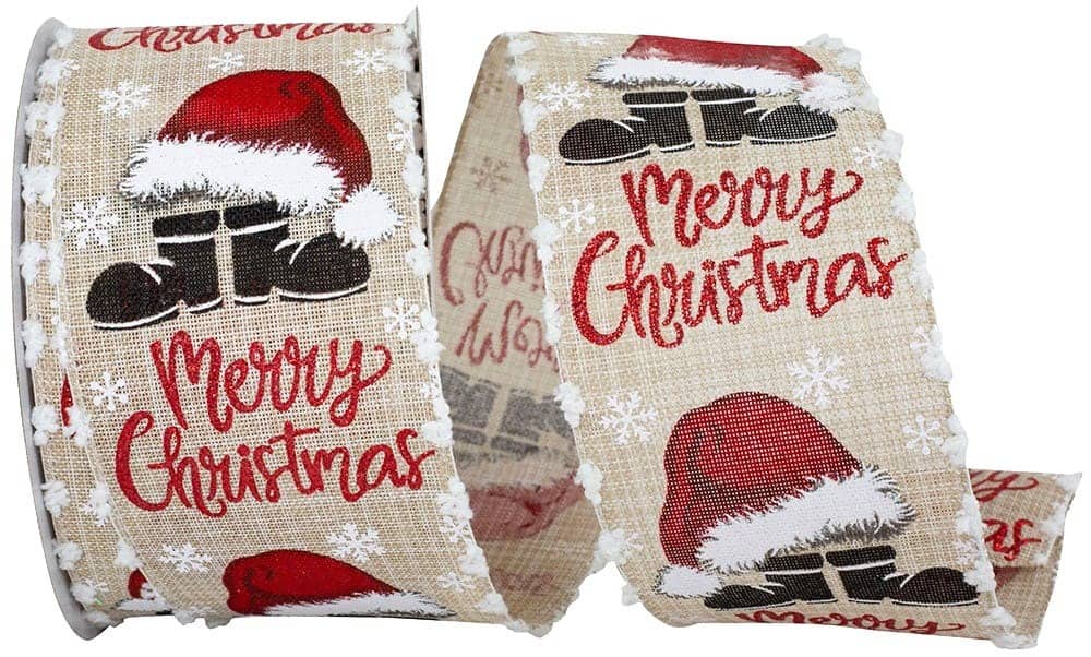 JAM Paper 2.5" x 10yd. Natural Merry Christmas Santa Hat & Boots Linen Wired Edge Ribbon