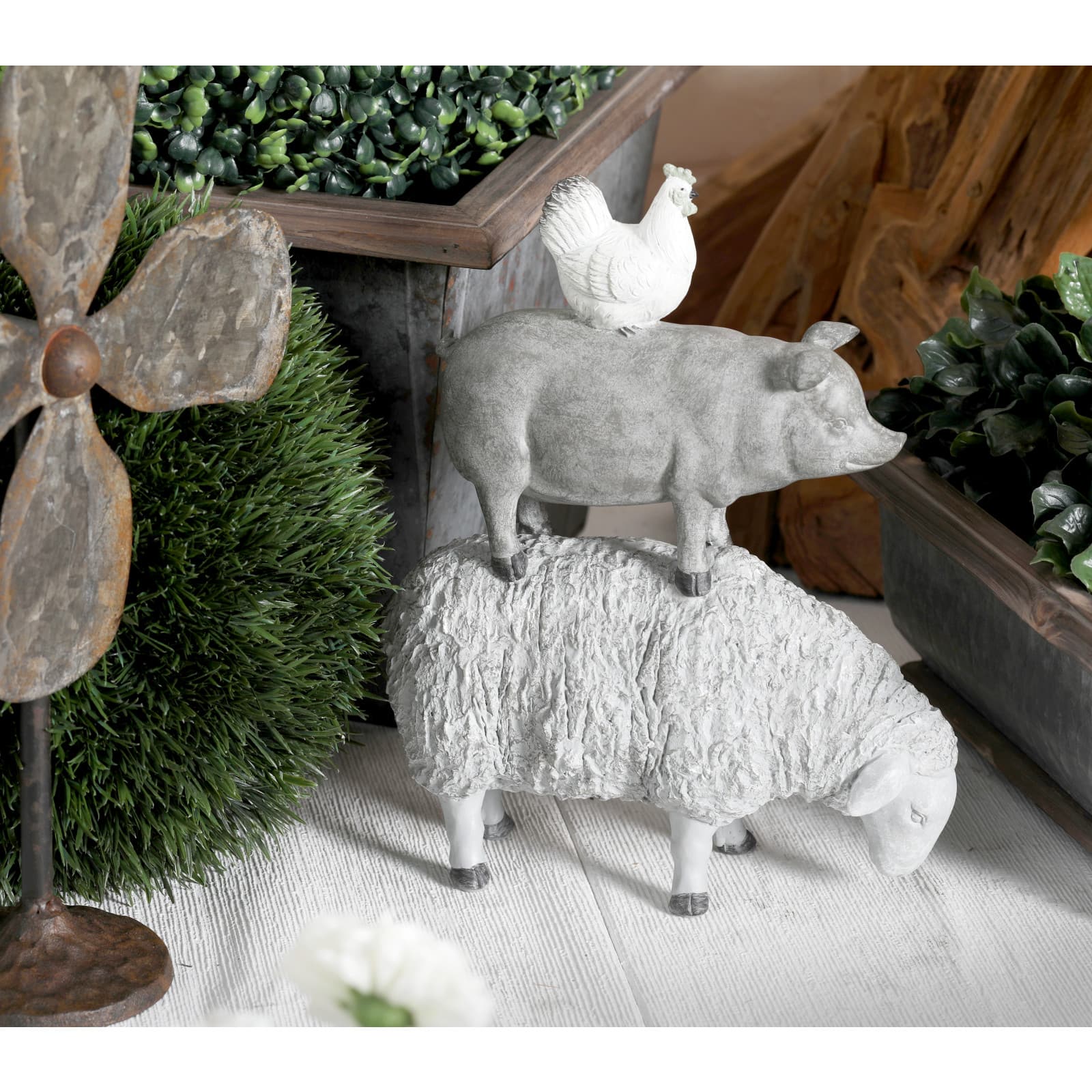 Grey Polystone Sculpture, Stacking Animals 12" x 9" x 4"