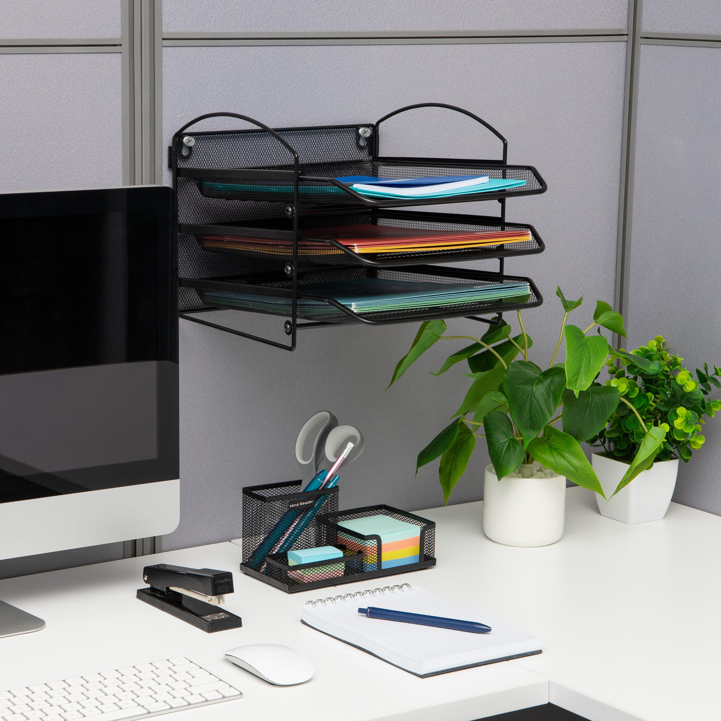 Mind Reader 3-Tier Paper Tray, Desktop Organizer, Wall Mountable, Office, Metal Mesh, 11.5"L x 14.25"W x 9.75"H, Black