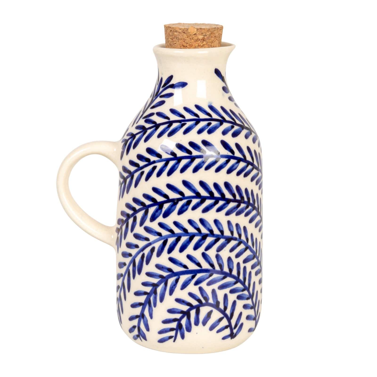 Hello Honey 8 oz. Hand-Painted Stoneware Oil Cruet with Design and Cork Stopper, Cream Color and Blue