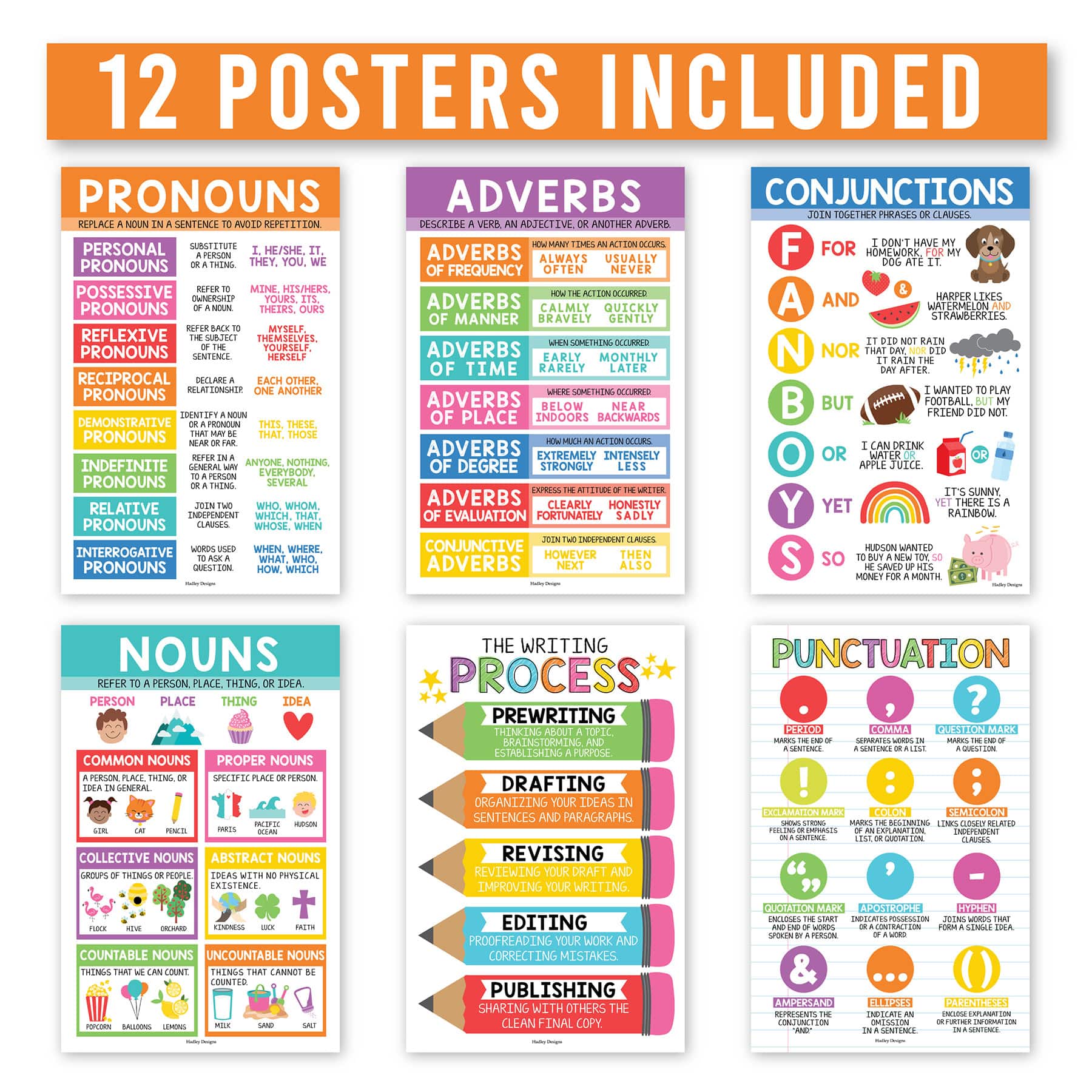 Hadley Designs 11" x 17" Colorful Parts of Speech Language Arts and Grammar Laminated Posters Set