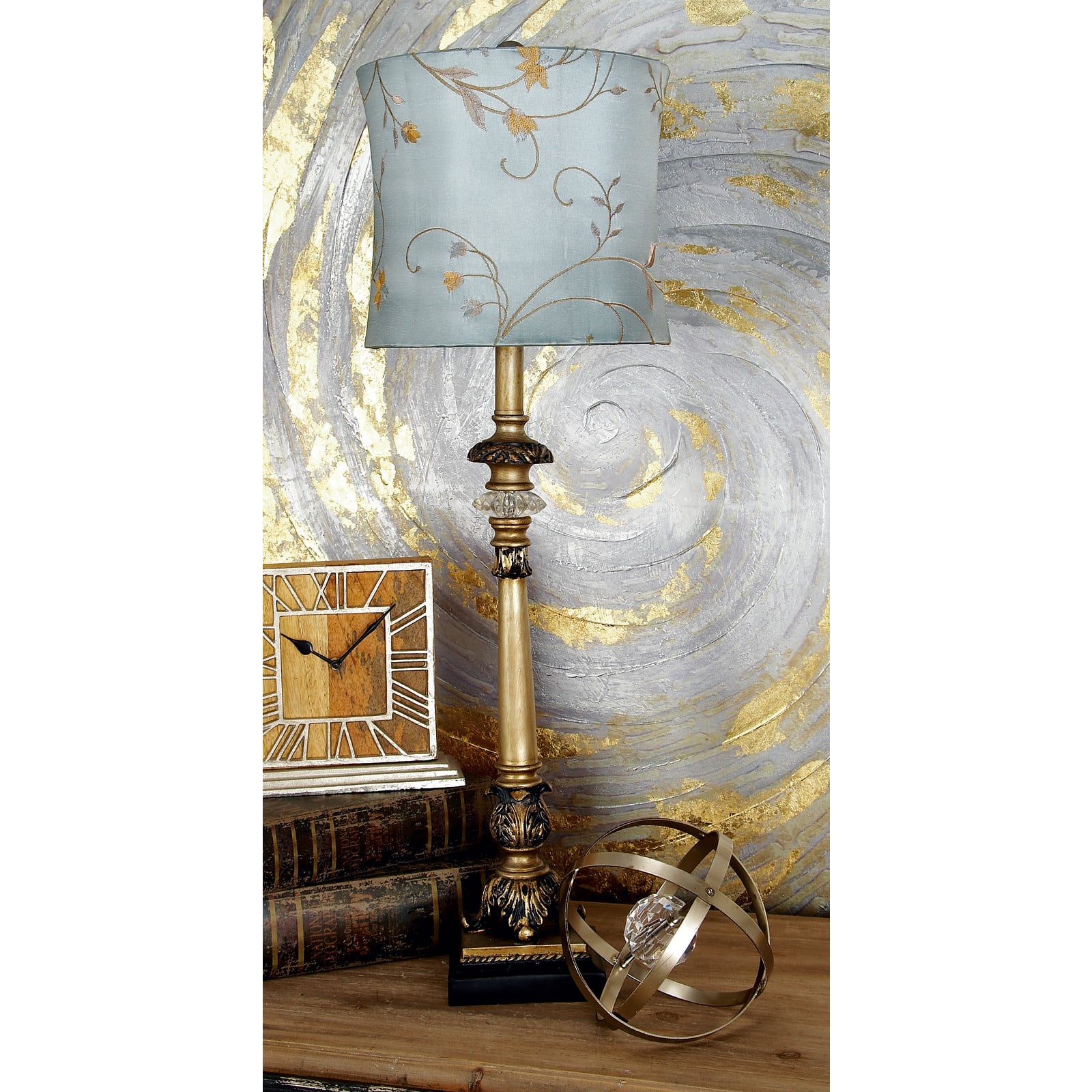 Set of 2 Tuscan Hexagonal Gold Metal and Polystone Floral Buffet Lamp, 32.50" x 11" x 11"