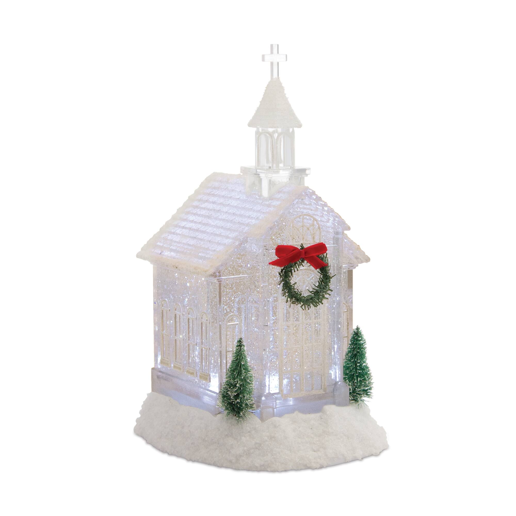 Melrose 10.5" White LED Church Snow Globe with Pine Accents Décor