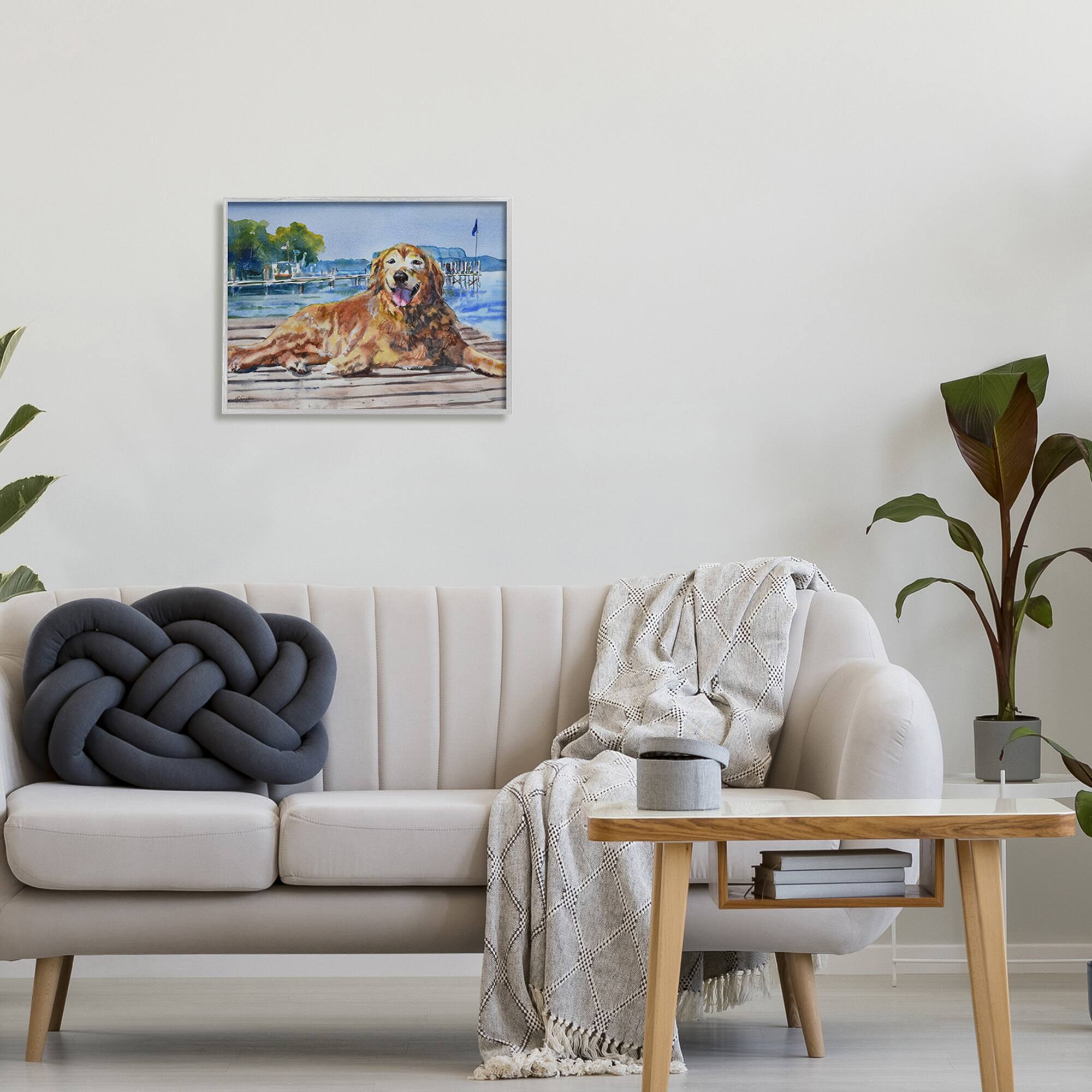 Stupell Industries Coastal Golden Retriever Relaxing Dock Framed Giclee Art