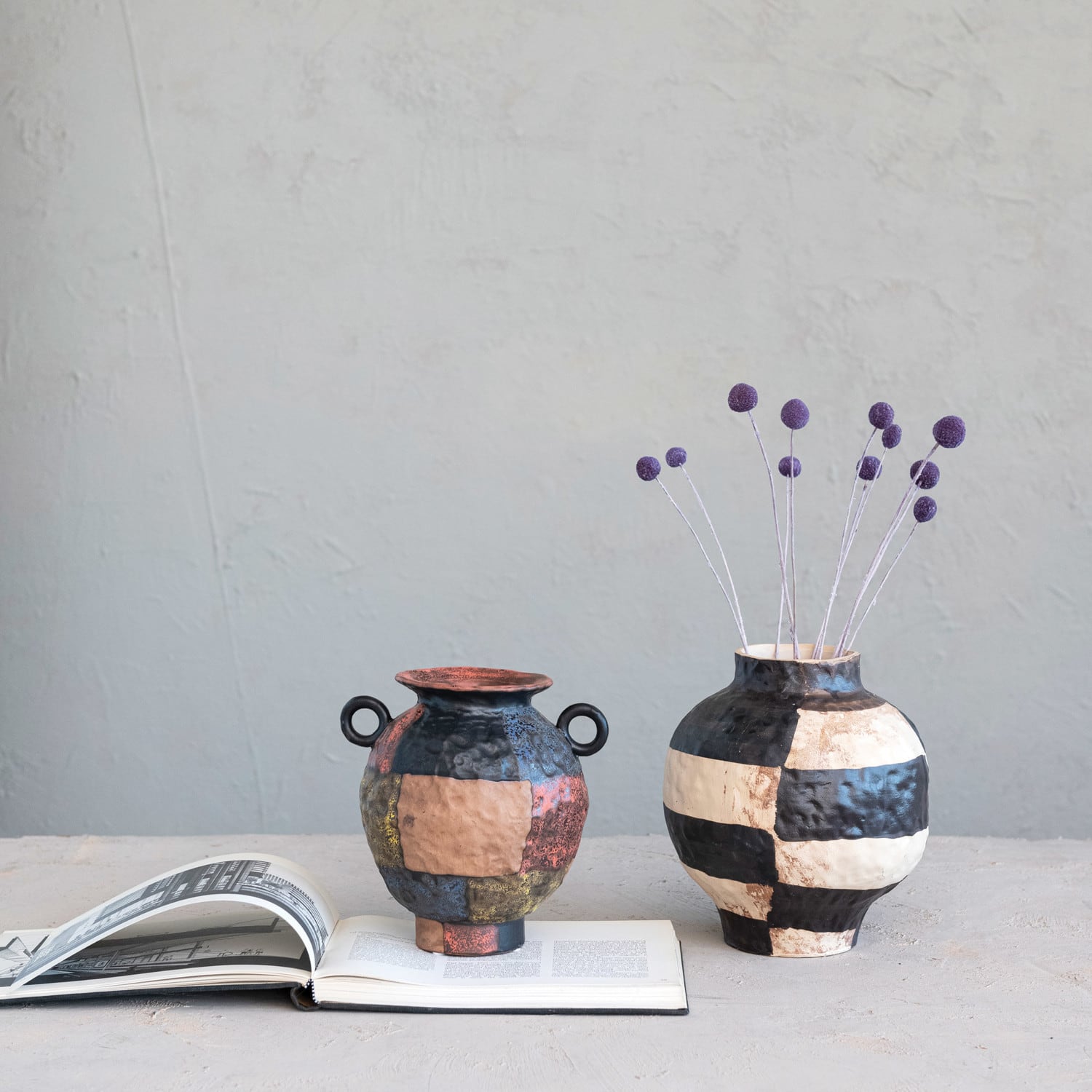 Hello Honey® 8.5" Multicolor Textured Stoneware Vase with Handles & Reactive Glaze