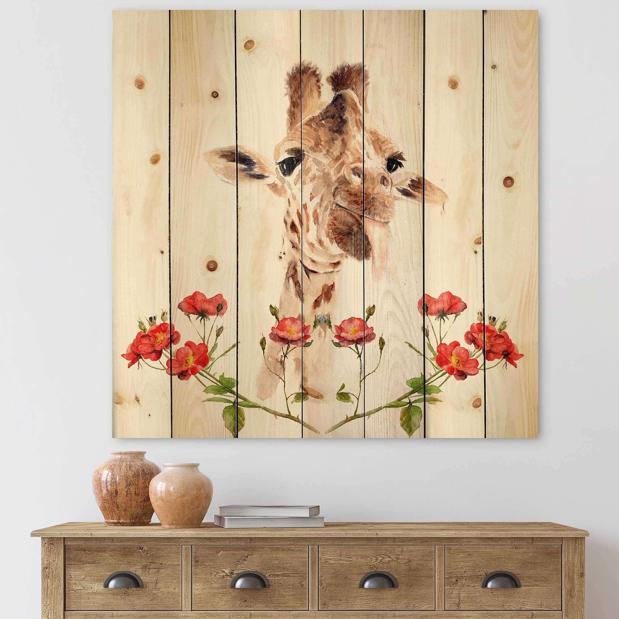 Designart - Portrait of A Giraffe With Flowers II - Farmhouse Print on Natural Pine Wood